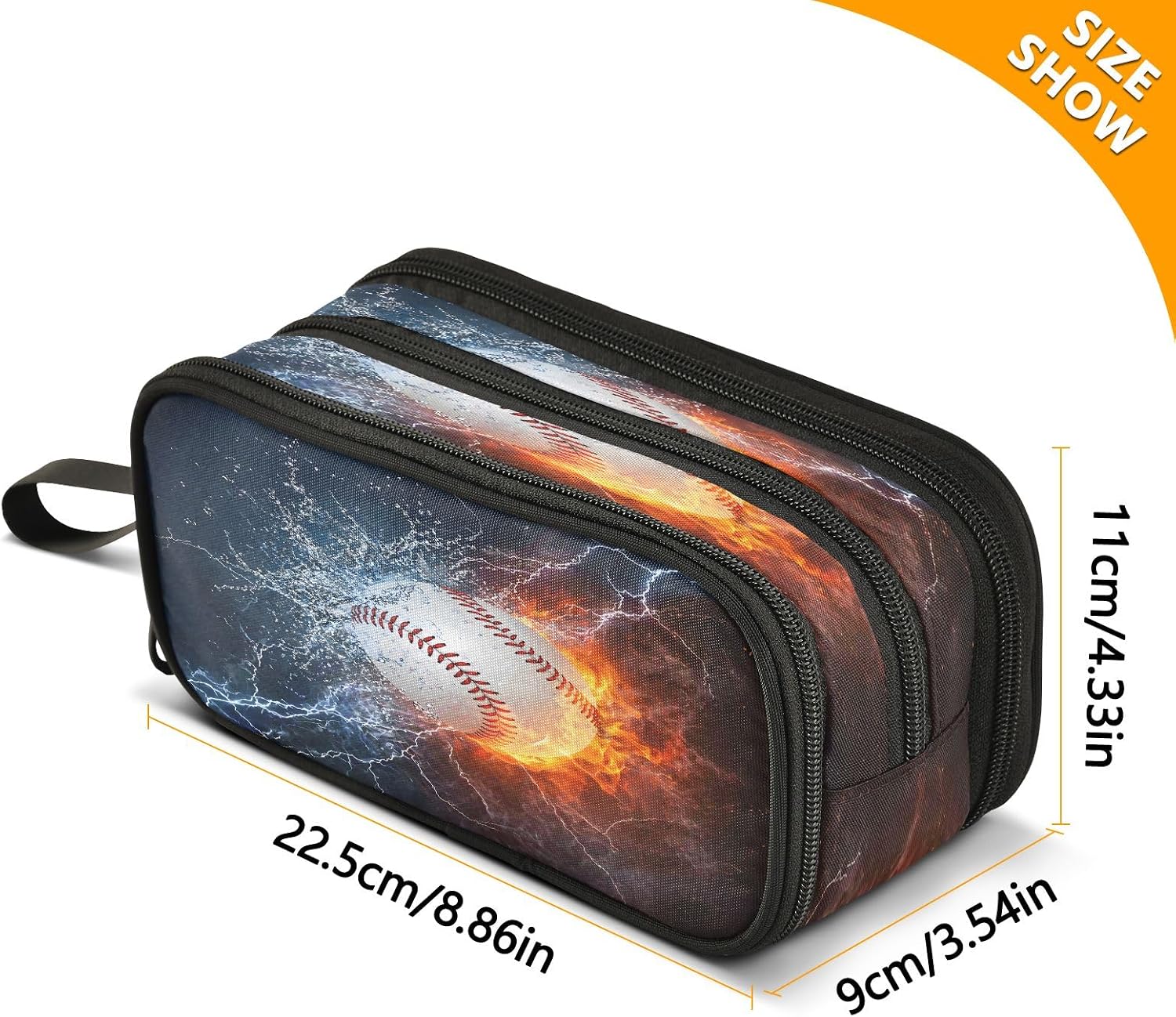 Baseball Ball in Fire and Water Pencil Case 3 Compartment Pen Bag Pouch Holder Box School Portable Stationery Storage Bag for Girls Boys