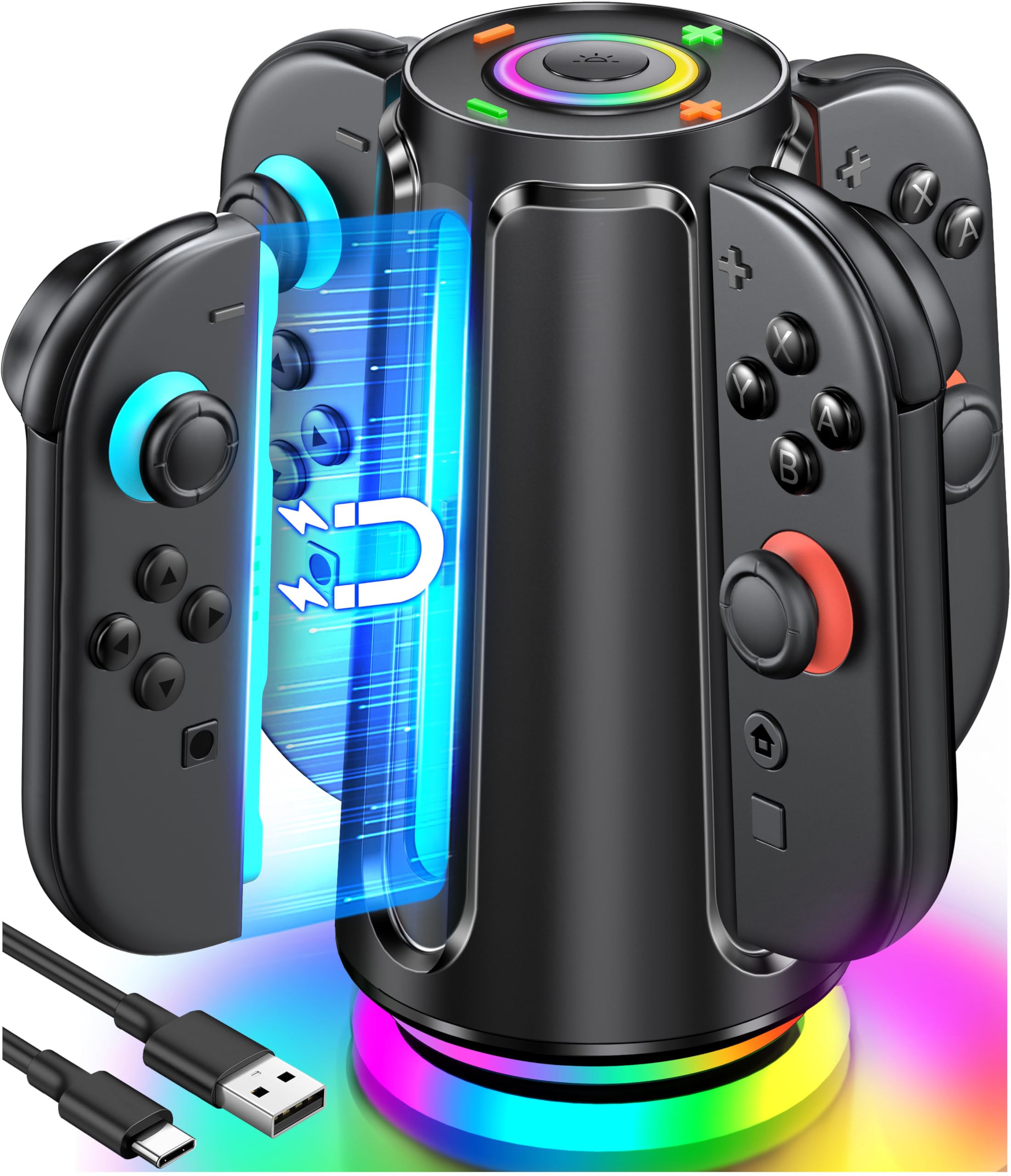 Switch 2 Controller Ladestation, 4-in-1 Magnectic Fast Joycon Ladestation für Kompatibel mit Nintendo 2 Switch, 8 RGB-Lichtmodi Charging Station Zubehör 3 Stunden Schnelles Vollladen, Oval
