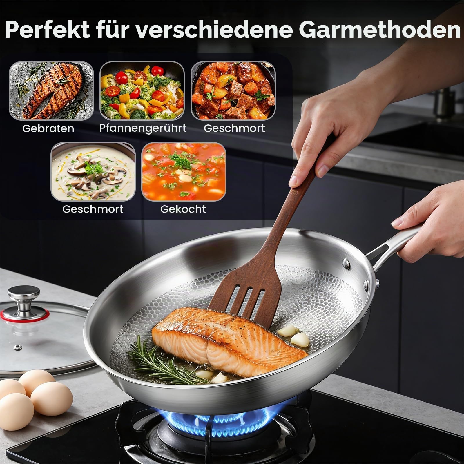 Bratpfanne 30 cm Antihaft Wabenpfanne mit Deckel & Holzpfannenwender, Titan-Pfanne Edelstahl-Induktionsboden, für alle Herdarten geeignet, ofen- und spülmaschinenfest, PFOA frei