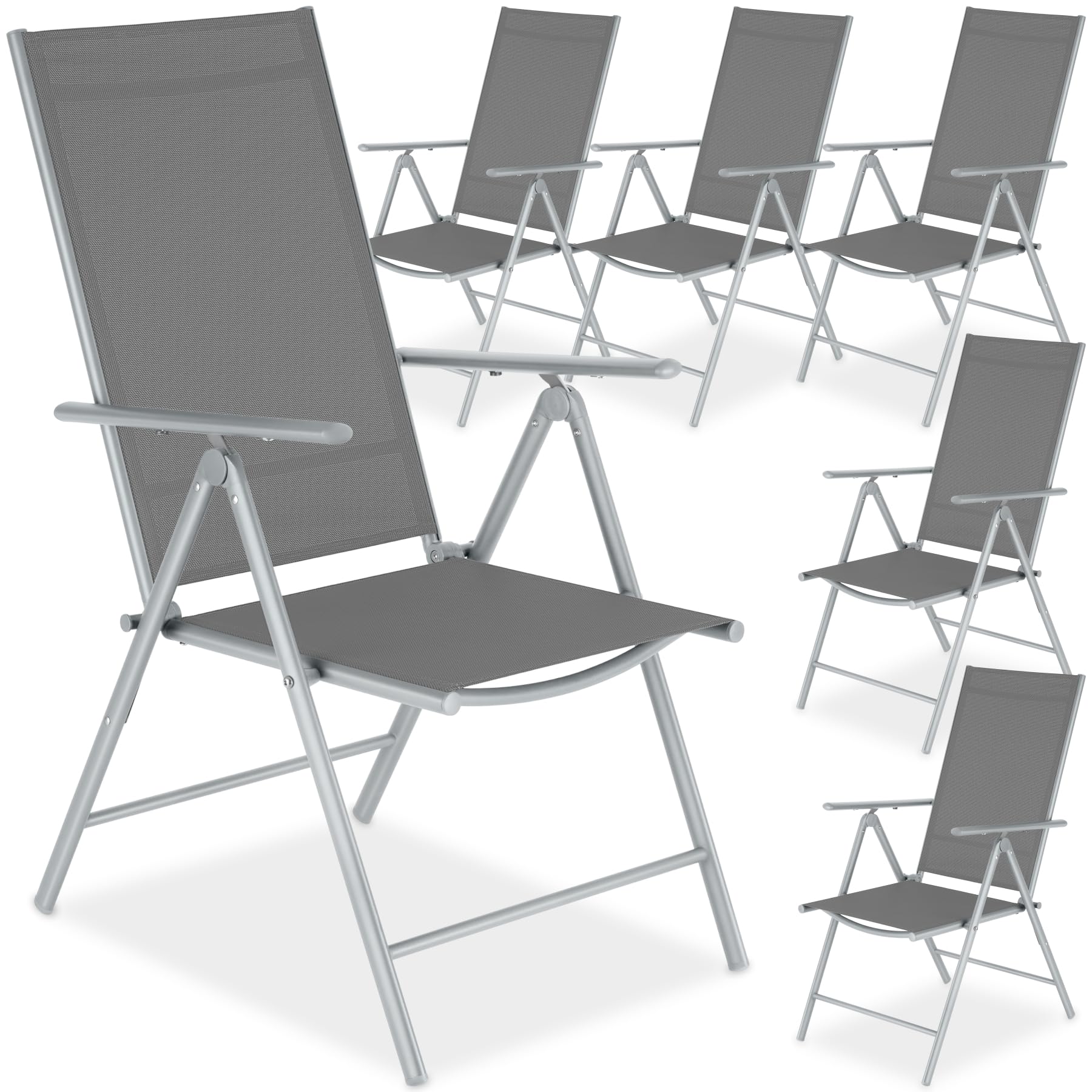 TecTake® 6er Set Gartenstuhl klappbar, 54,5 x 65 x 107,5 cm, 8-Fach verstellbare Rückenlehne, wetterfest, Textilene, Verstellbarer Hochlehner, Outdoorstuhl, Gartenmöbel, Klappsessel - Silber