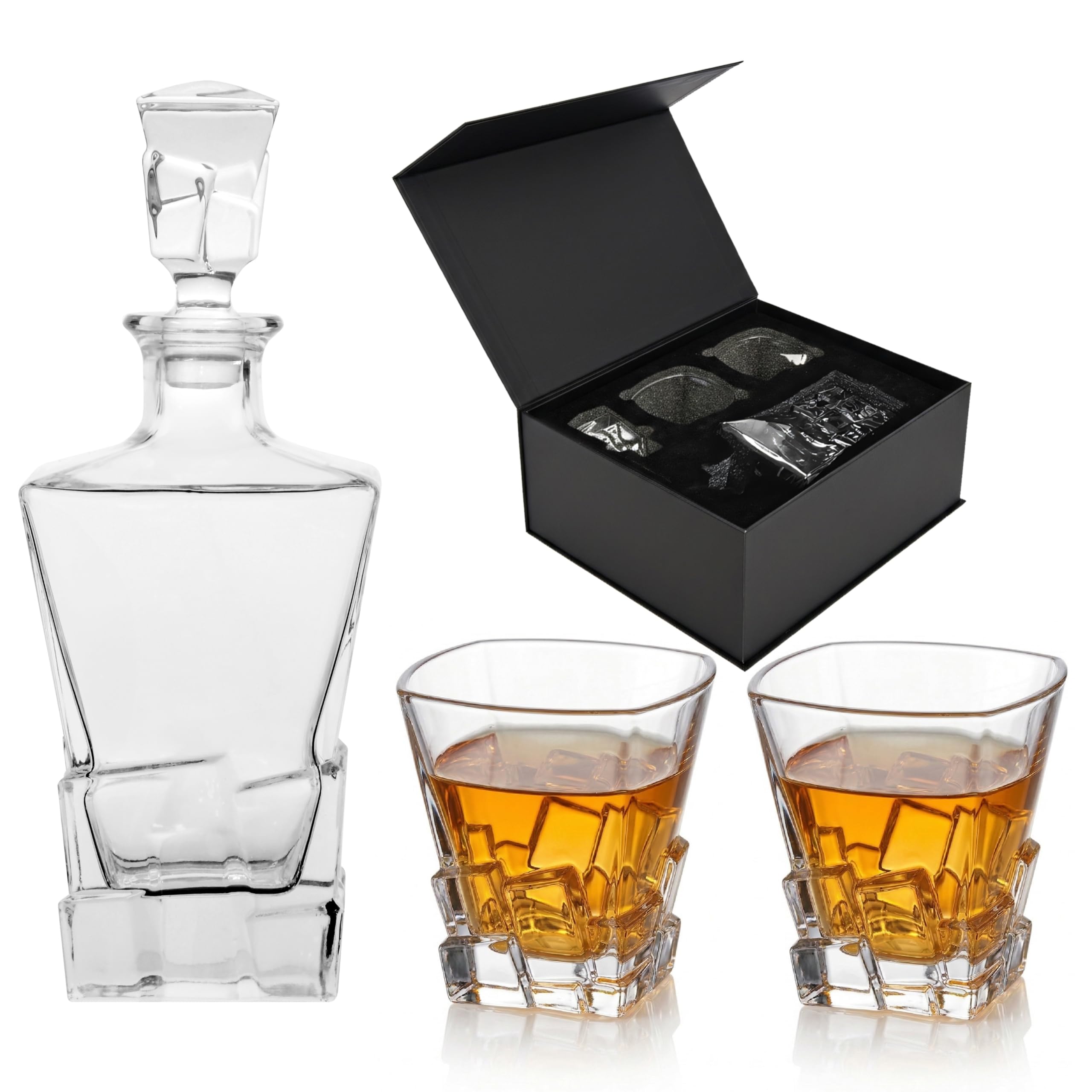 Glasmark Krosno 1992 Decantador con Vasos 3 piezas para Whisky y Licores - Decantador de Vidrio 850 ml y 2 Vasos 240 ml - en Caja de Regalo Negra - Diseño con Carácter