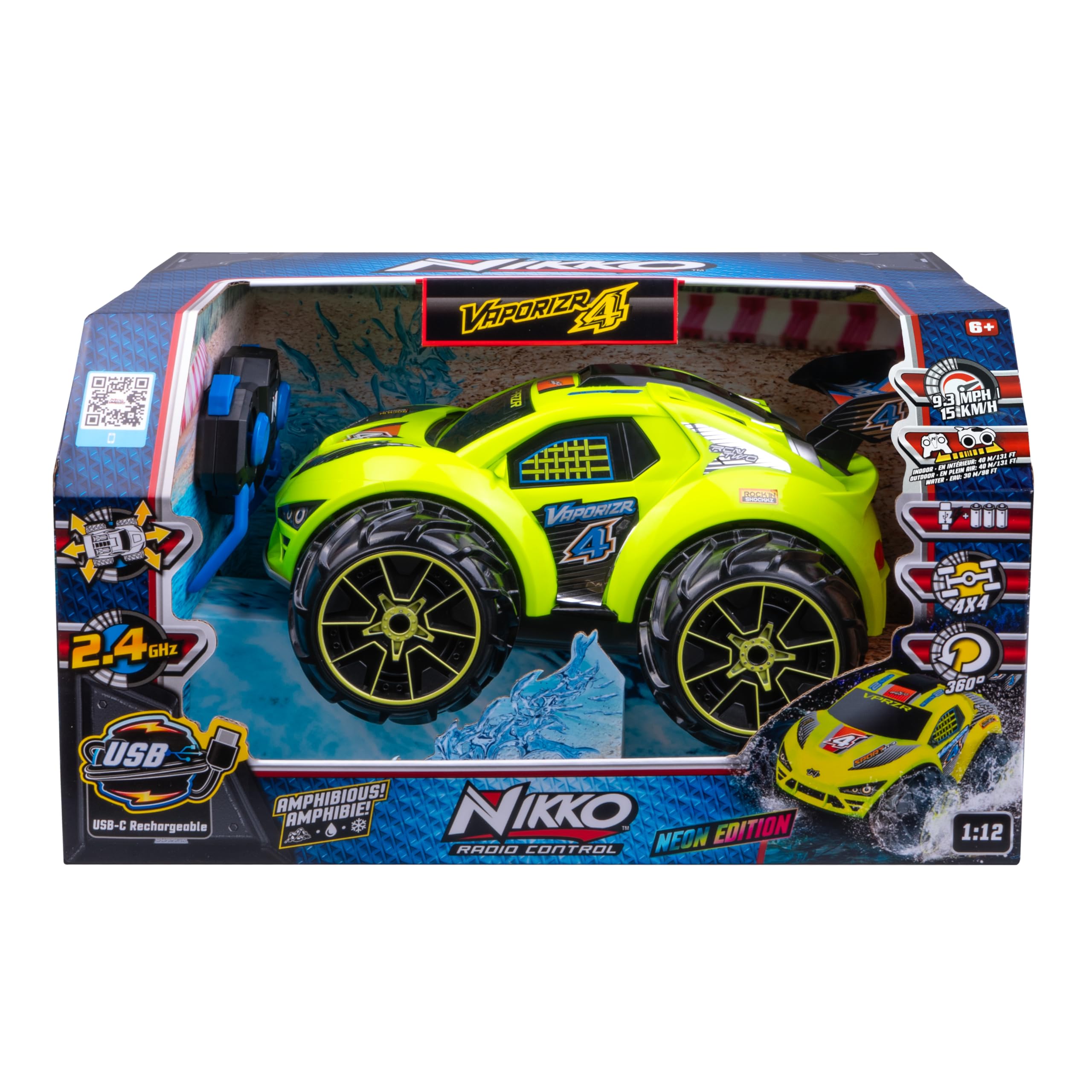 Nikko RC Auto VaporizR 4 1:12 - Amphibie Offroad, 2,4 GHz Fernbedienung, LED, wiederaufladbarer Akku, Erde/Wasser/Schnee, 9 km/h, sofort einsatzbereit - ab 6 Jahren