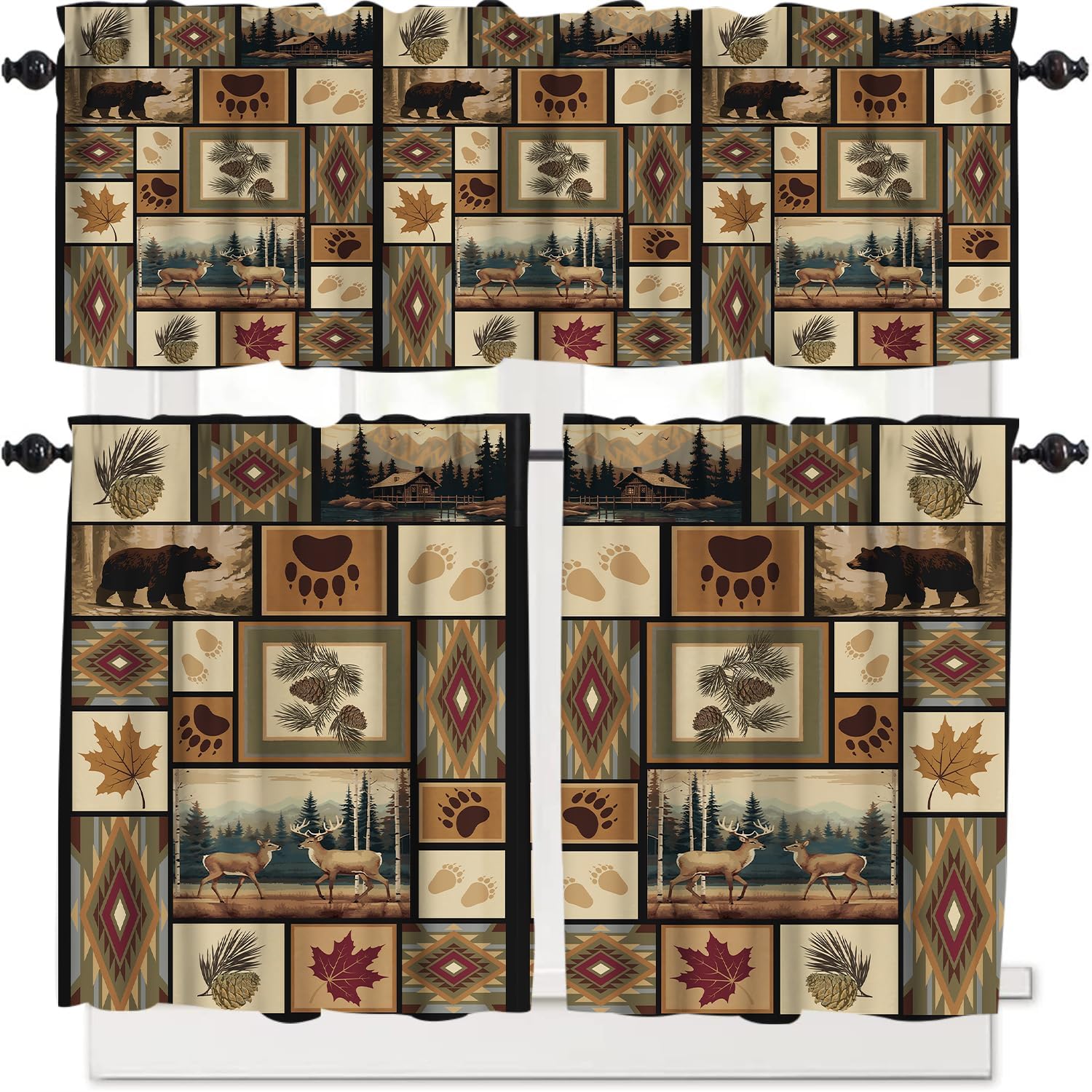 Rustic Moose Deer Curtain Set, Vintage Cottage Country Style Lodge Cabin Elk Pine Tree Window Valances and Tier Set for Kitchen Living Room Café Décor