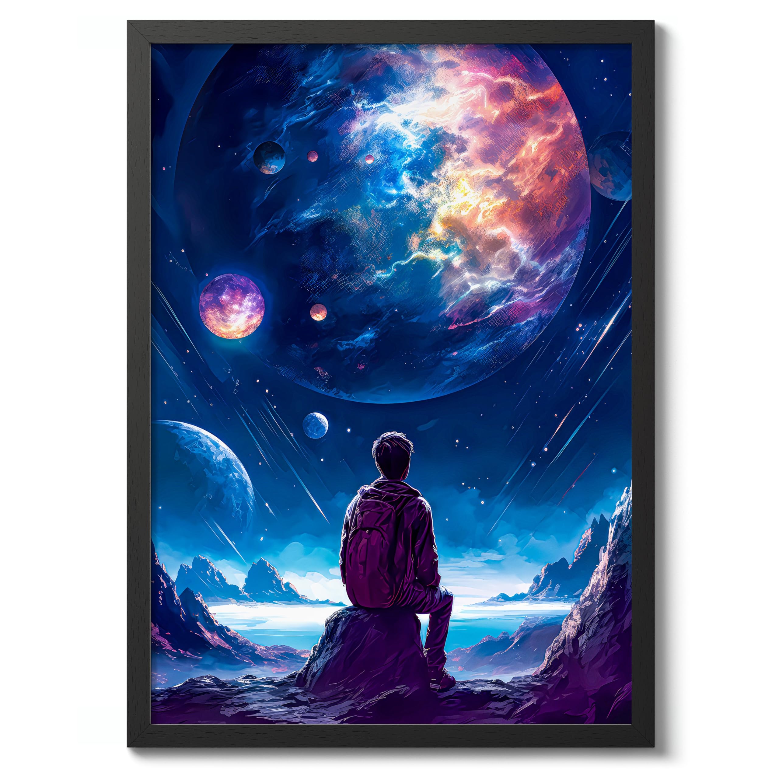Stargazer Space Poster, Colourful Abstract Astronomy Wall Art Home Decor, Astronaut Planets Print, Archival Matte, A2 (Black Frame) - 59.4x42cm — image 1