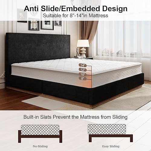Miniatura 8 de Base de cama Queen con cabecero, plataforma tapizada de terciopelo con base de madera cerrada, estructura de metal y soporte de listones de madera,
