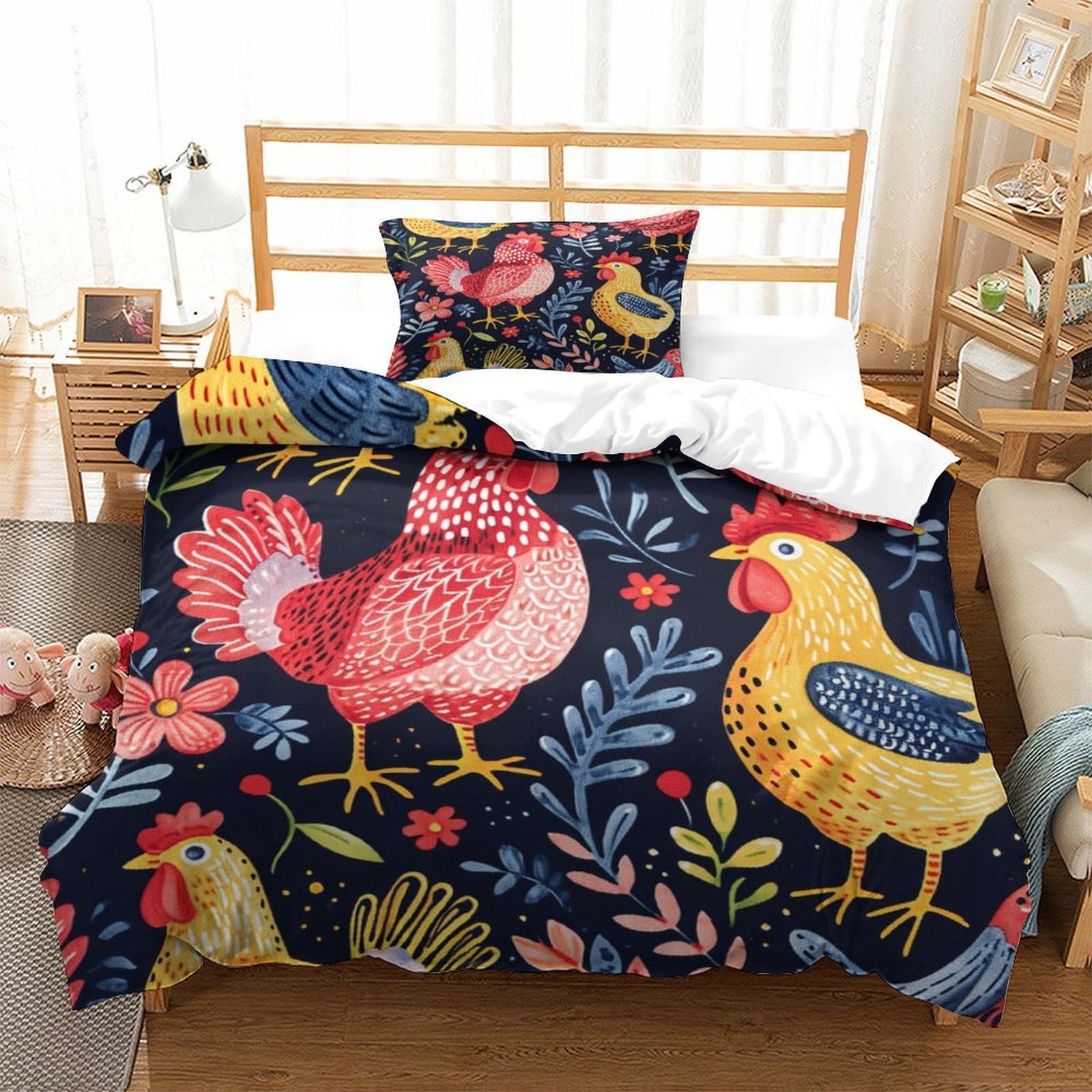 P1S9U7W5Y Farmhouse Rooster 3D Printed Microfiber 3 Piece Duvet Cover Set for Adults Bedroom Decor Vibrant Chicken Bedding Set Single（135x200cm）