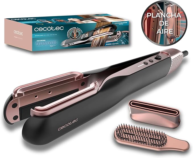 Cecotec Plancha de Pelo con Aire RitualCare Air Lisse 2in1 Black. 1000W, Seca y Alisa, Reduce el Daño por Altas Temperaturas, Motor Digital, 106000RPM, Ranura Alta Presión, Plasma, Cerámica, Queratina