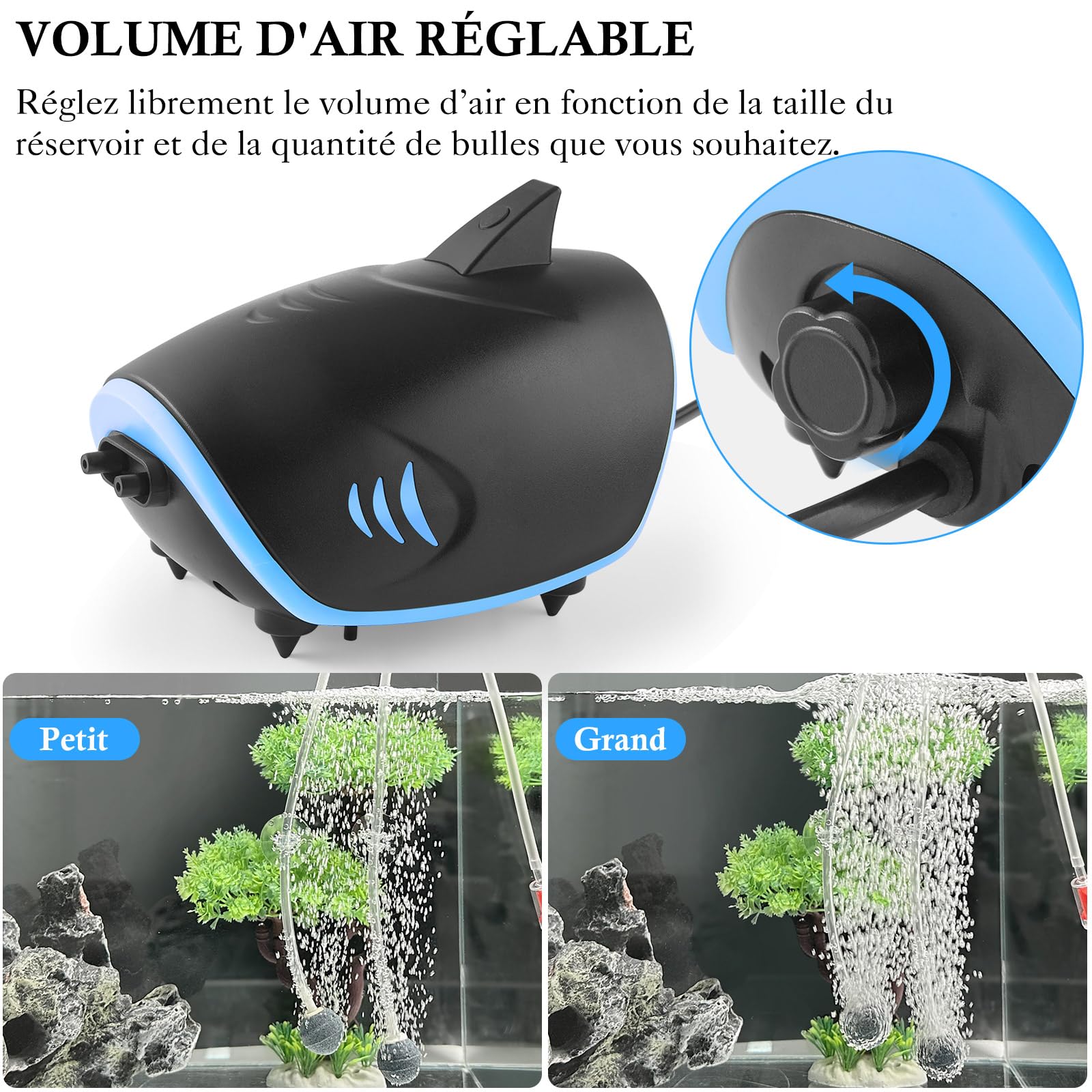 Pompe à Air pour Aquarium 3W, Pompe à Oxygène Silencieux pour Aquarium 5L/Min, Aérateur d'Aquarium Ajustable pour Réservoir Jusqu'à 400l