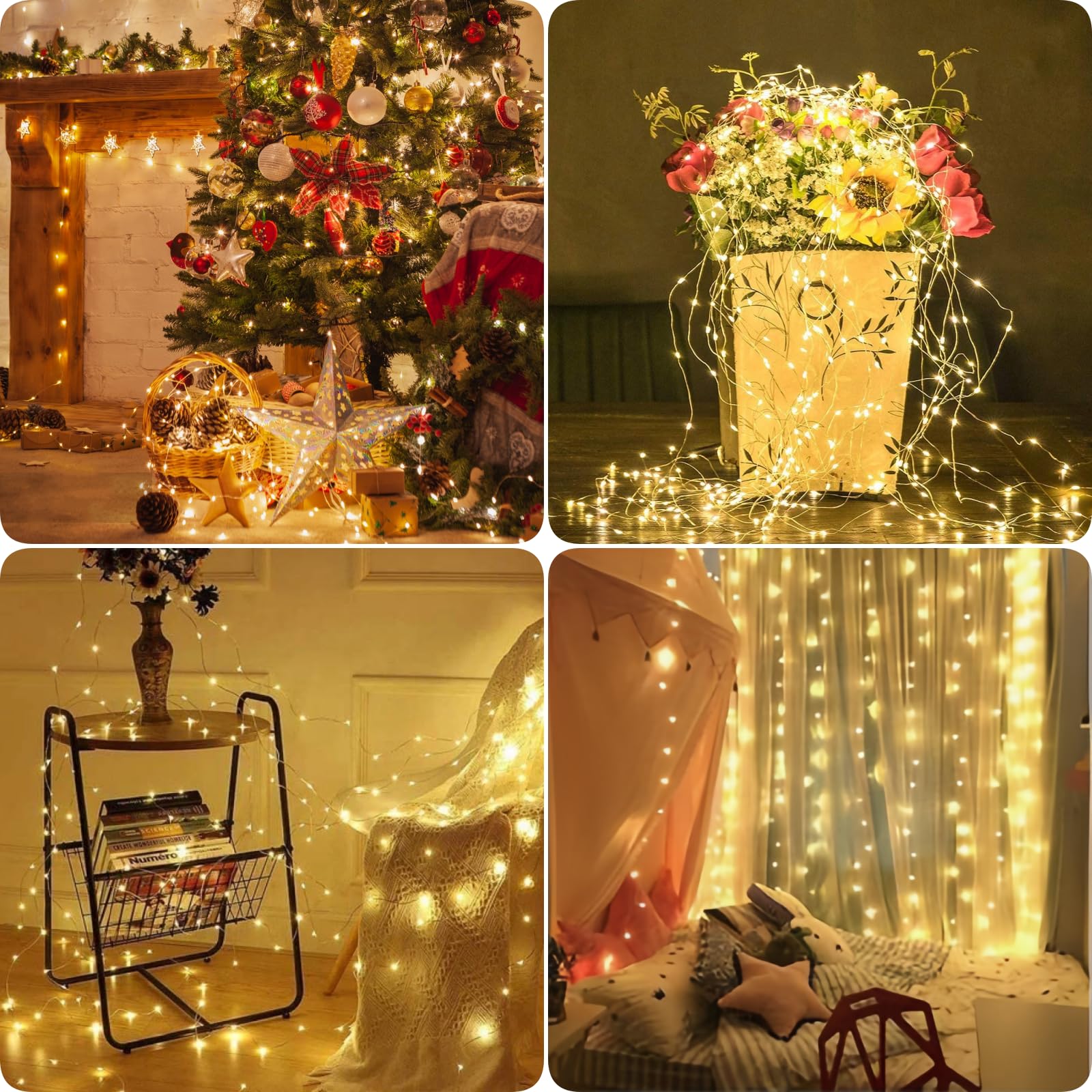 Lot de 24 guirlandes lumineuses de Noël à piles de 2,1 m avec 20 LED scintillantes - Fil argenté étanche pour mariage, Noël, Saint-Valentin, bocaux Mason - Décoration de table (blanc chaud)