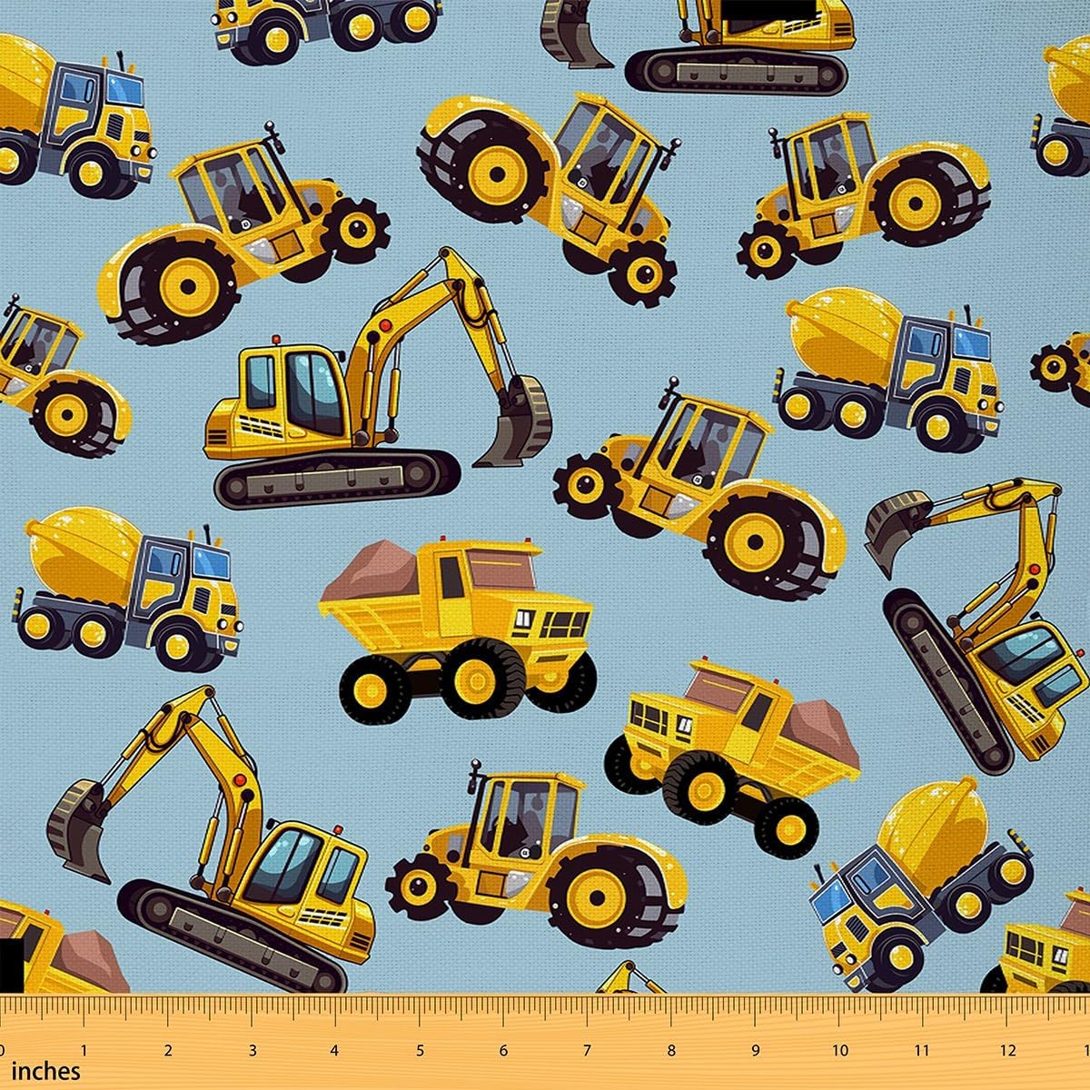 Tractor Decorative Fabric by The Yard,Equipment Trucks Upholstery Fabrics for Boys Girls Kids,Excavator Quilt Fabrics,Bulldozer Crane Art DIY Fabric for Quilting Sewing,3 Yards,Yellow Blue