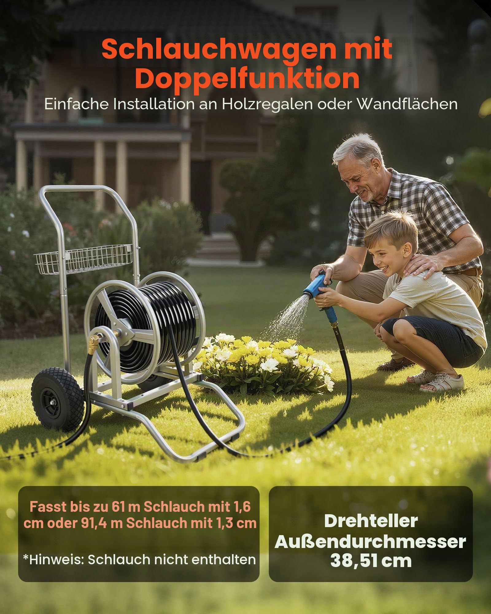 VEVOR Schlauchwagen, 6096/9144cm Gartenschlauchwagen, Schlauchtrommel mit Zwei Rädern, Griff & Aufbewahrungskorb, Schlauchaufroller mit doppeltem Verwendungszweck für Garten, Auto 675x610x900mm