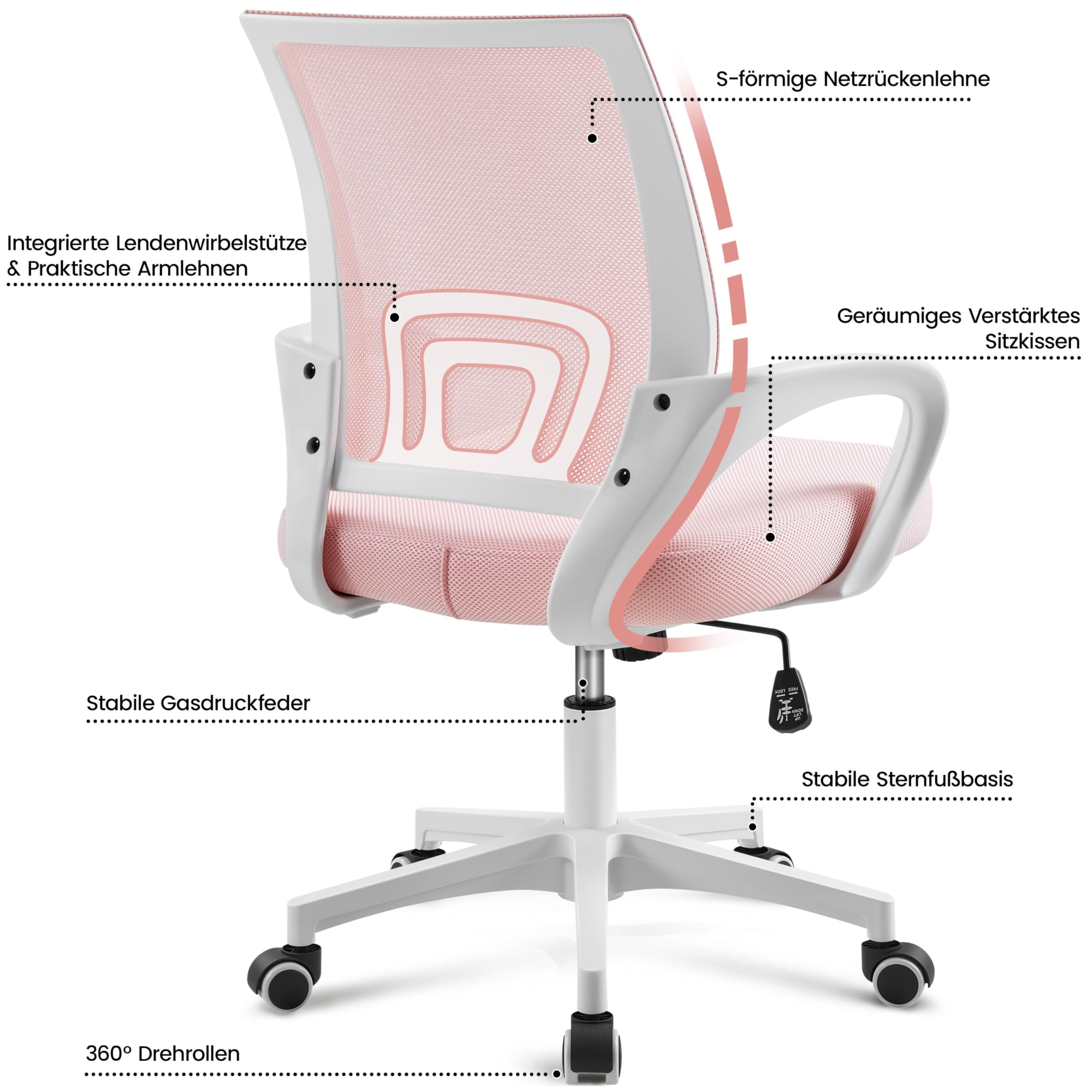 Yaheetech Bürostuhl Ergonomisch, Schreibtischstuhl mit Netzbespannung und Armlehnen, Drehstuhl aus Mesh, Chefsessel Wippfunktion, Höhenverstellbar Rückenschonend bis 136kg Belastbar, Rosa