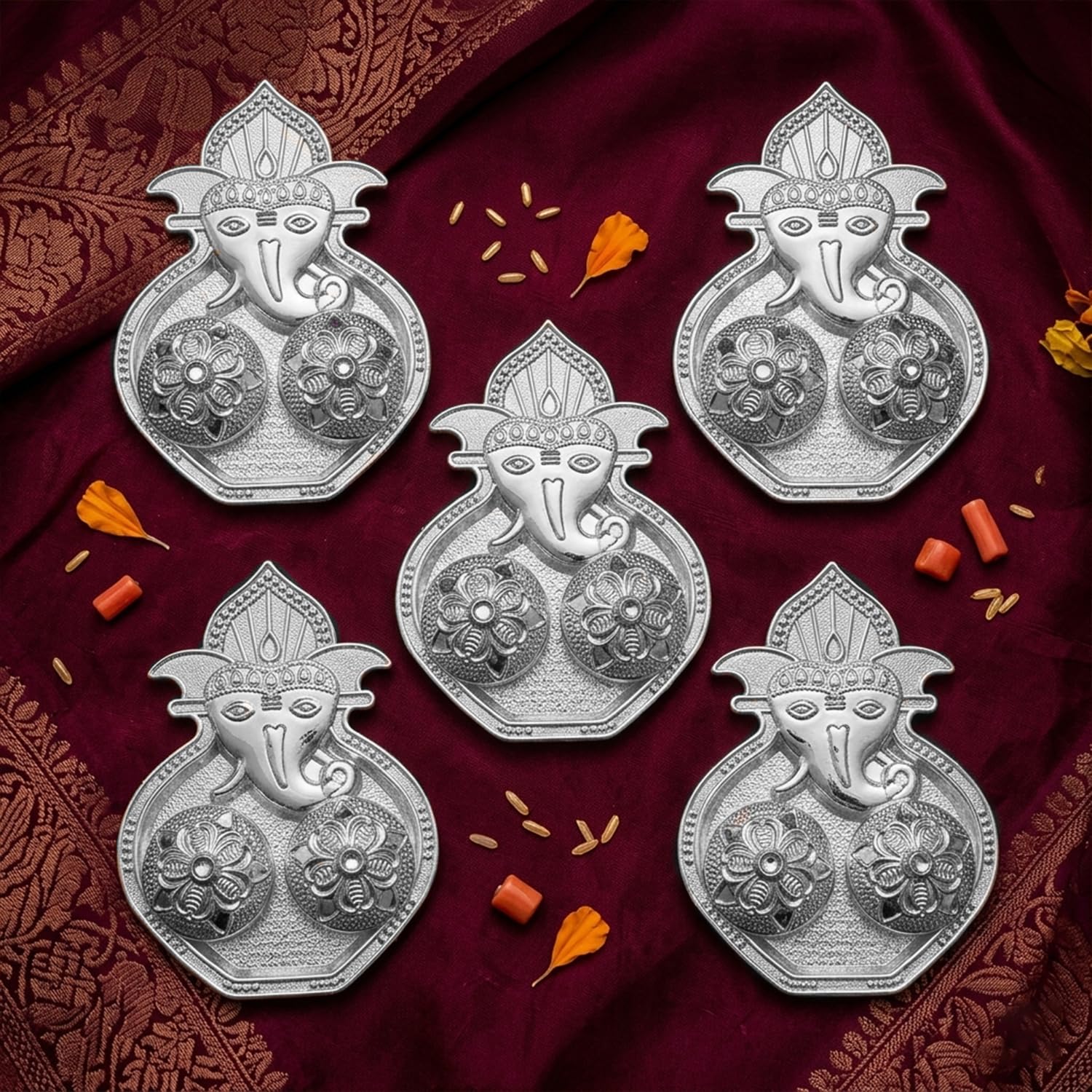 Ekhasa Ganesha Haldi Kumkum Holder (Set of 5) for Pooja Return Gift for Ladies | Silver Kumkum Container with Lid | Tambulam Favor for Women |Housewarming, Baby Shower, Festival, Wedding Return Gifts