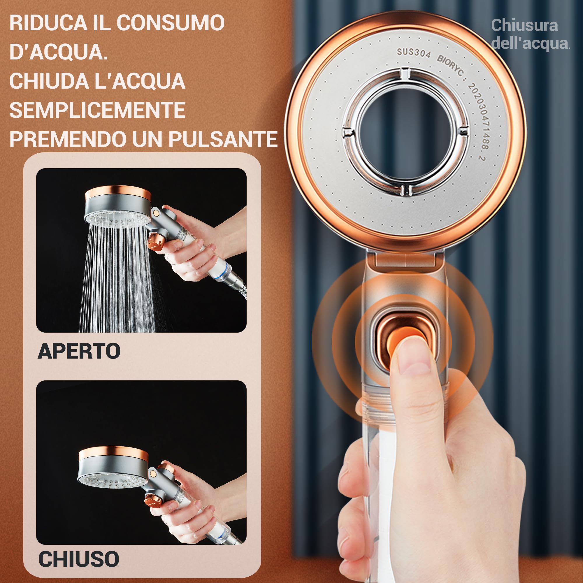 Soffione Doccia con Filtro Anticalcare Alta Pressione Purificatore d'Acqua 2 Filtri