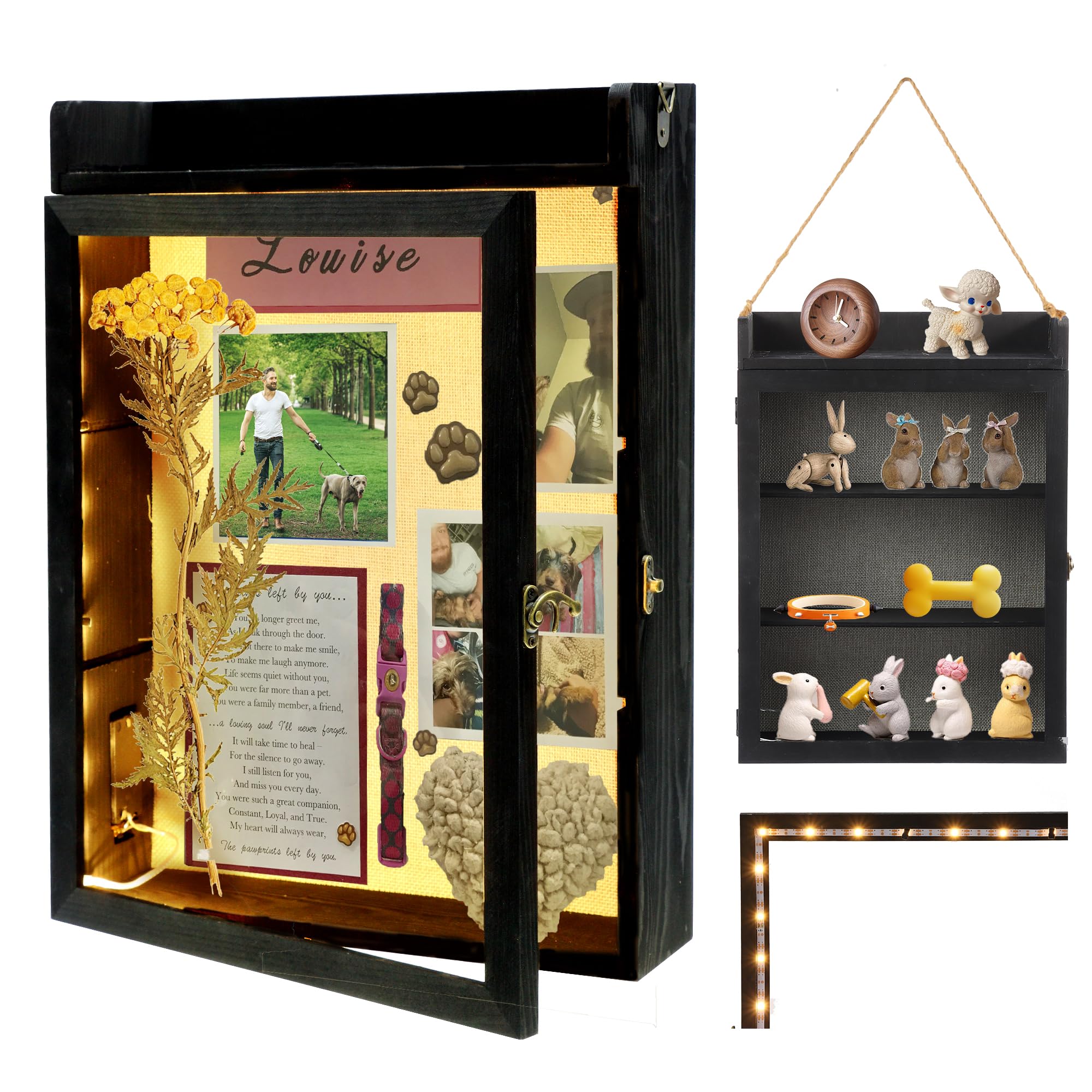 KWYADLUO 11x16 Shadow Box Frame with Light, Memorial Display Case with Shelves and Top Platform, Large Deep Shadow Box for Pet Memorial and Dog