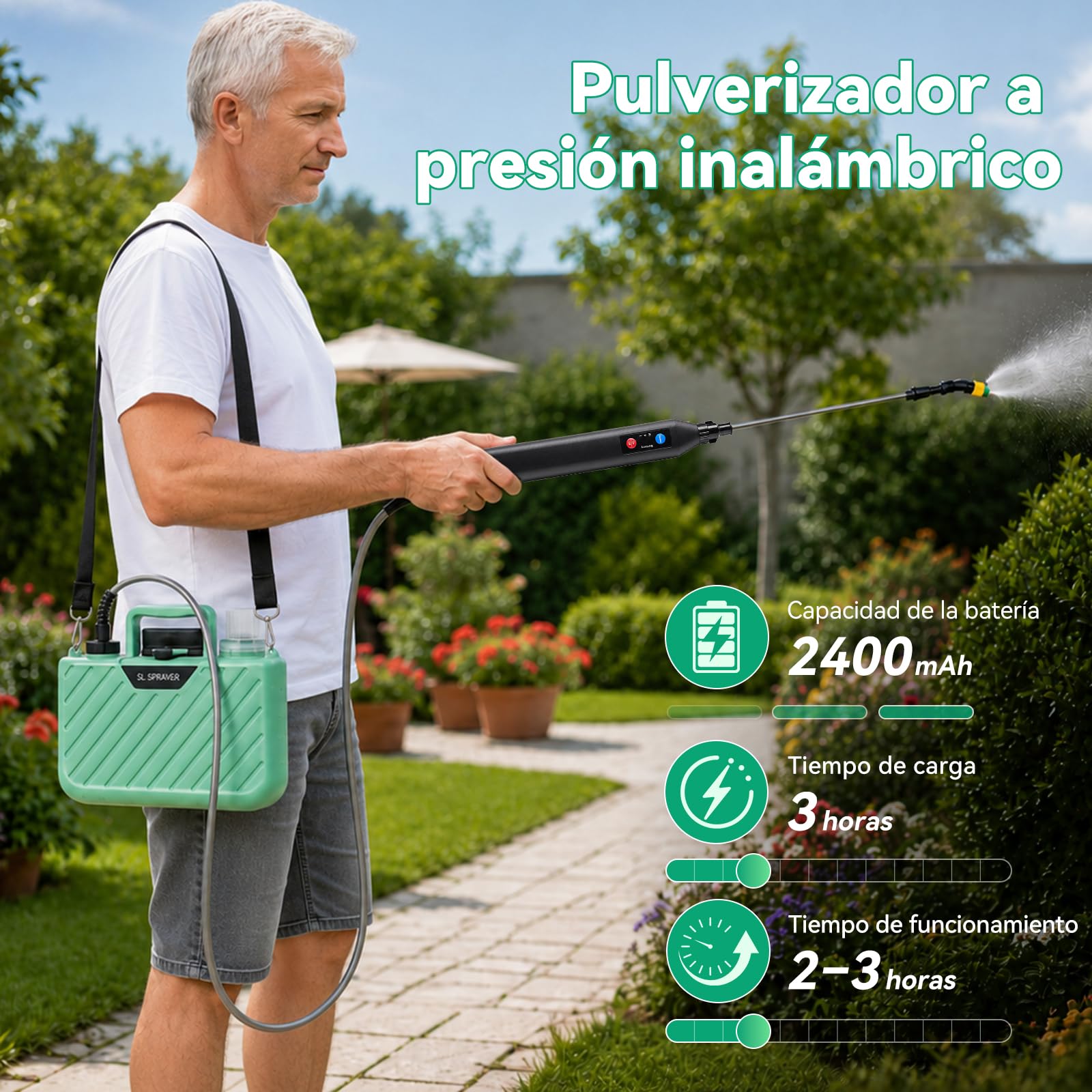 MANKIW Pulverizador a Presión con Batería de 5 L, Pulverizador Eléctrico con 3 Boquillas, Batería USB, Varilla Telescópica y Correa para el Hombro