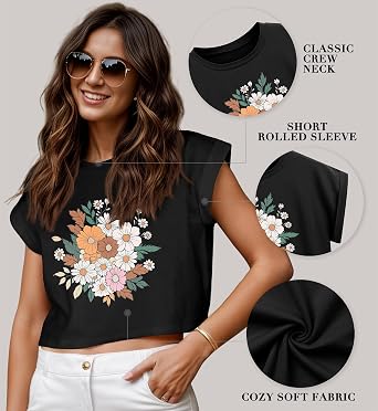 JINKESI Womens Summer Crewneck Crop Tops Causal T-Shirts Rolled Short Sleeve Basic Tees