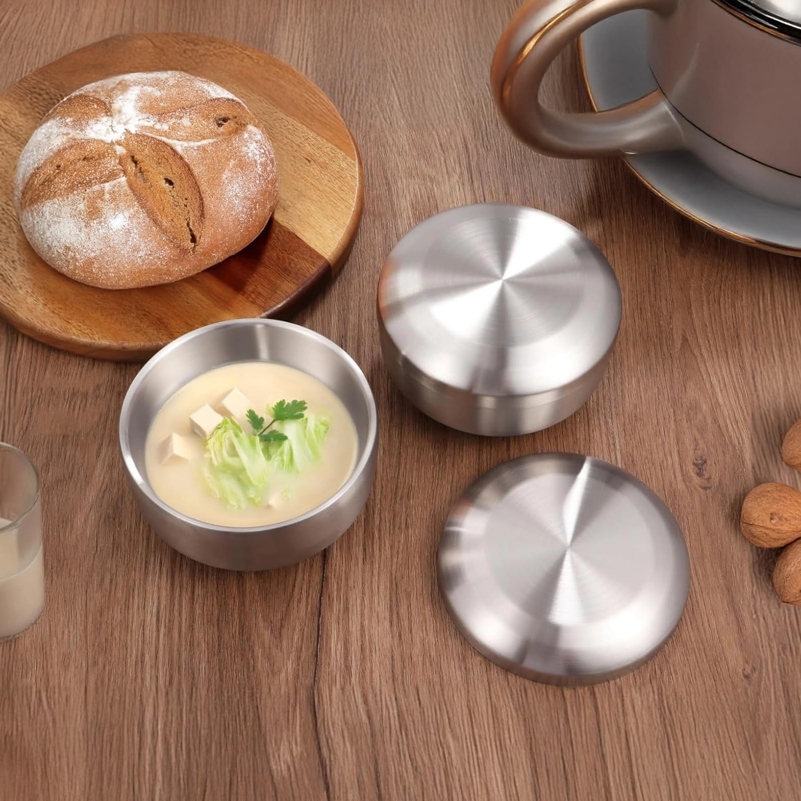 Set mit 2 doppelwandigen Schalen mit Deckel, 13 cm Edelstahl-Isolierschüsseln, Metall-Servierschalen für Suppe, Kimchi und Ramen, koreanischer Stil