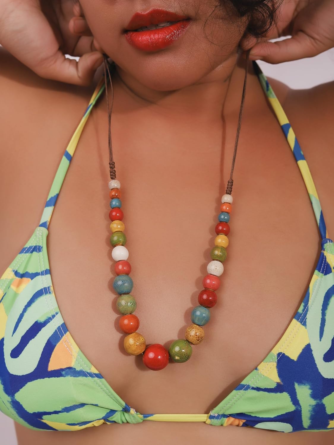 MINACHI Hippie Boho Colorful Ceramic Round Beads Strand Necklace, Bohemian Fashion Statement Jewelry Gift for Women - Image 5