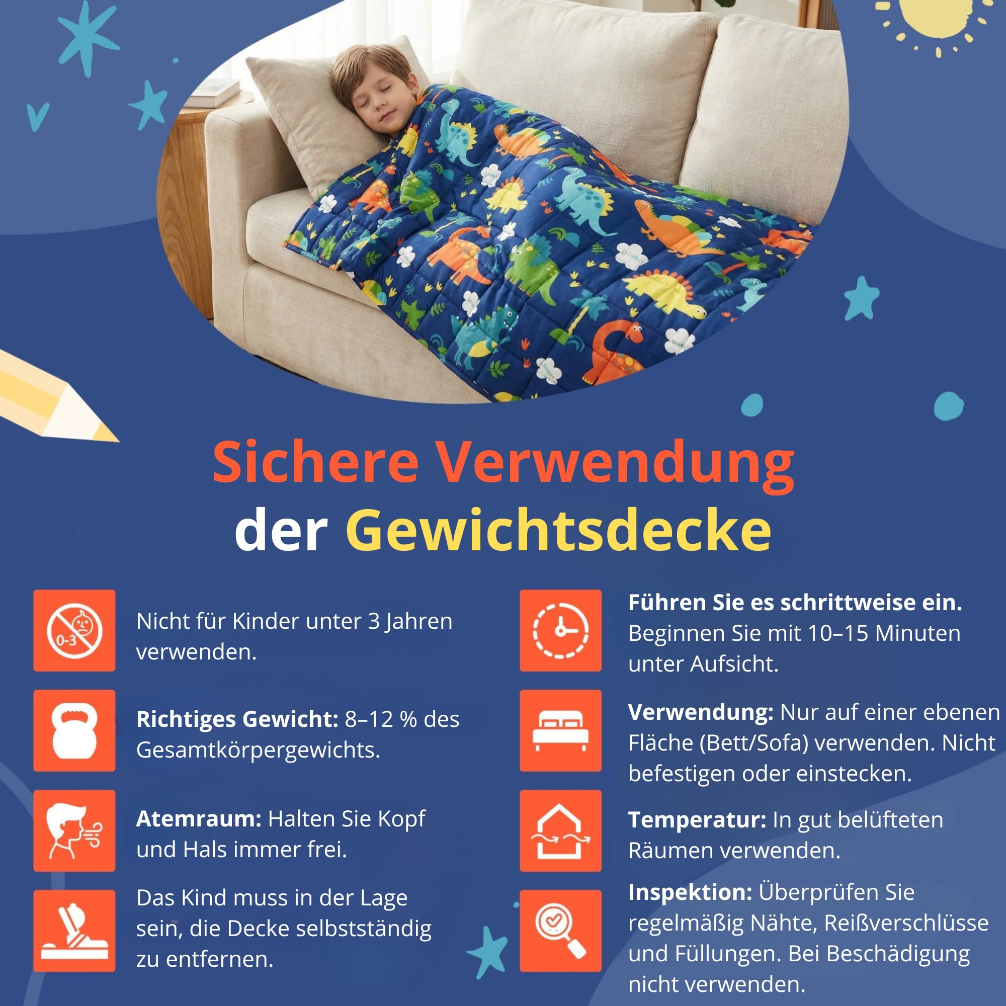 Vonia Gewichtsdecke Für Kinder – Gewichtsdecke Für Kinder Aus 100% Baumwolle | 3,2 Kg (104 X 152 cm) Sensorische Decken Mit Dinosaurier-Print Zum Schlafen – Grau/Blau