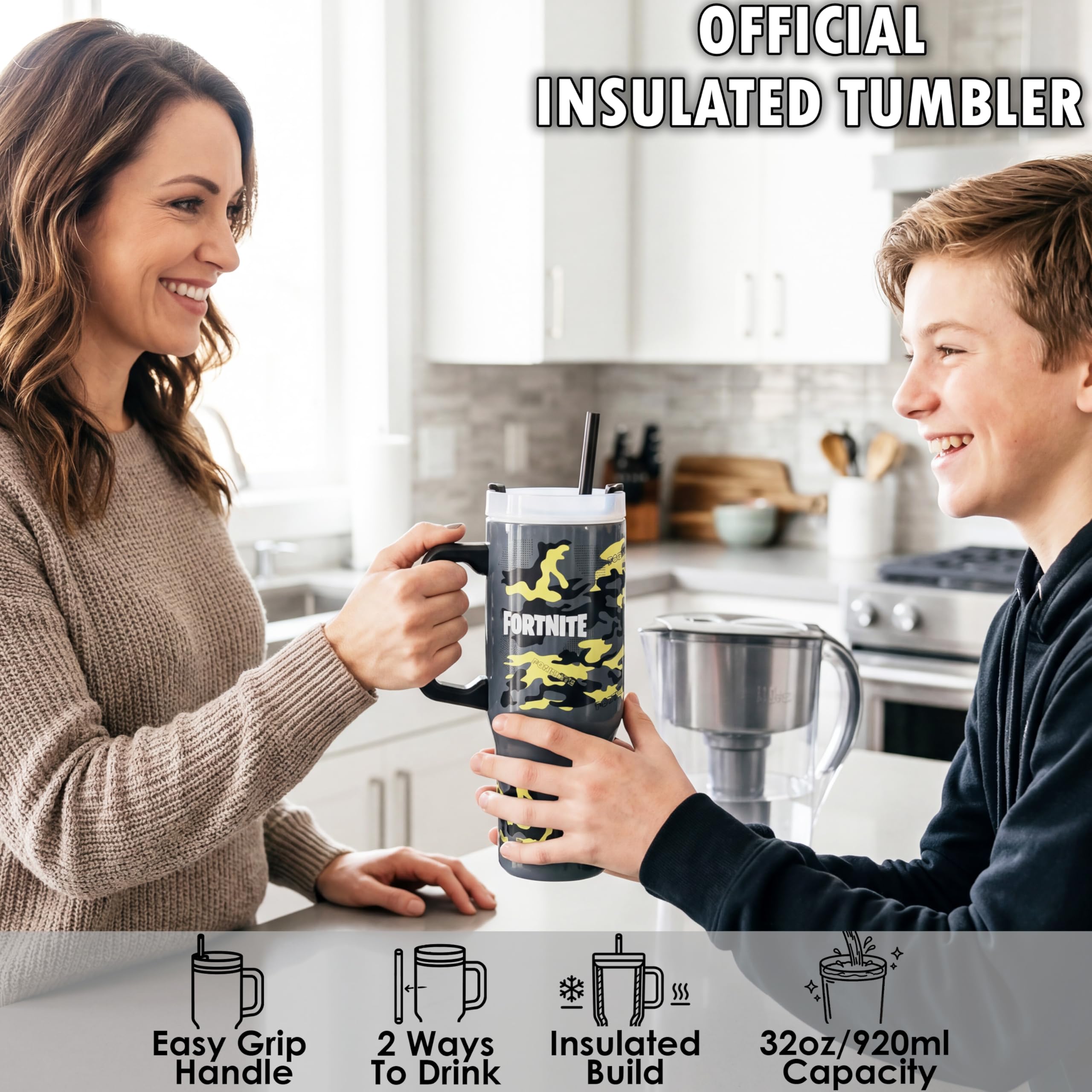 Get Trend Fortnite Kubek termiczny 920 ml, butelka ze stali nierdzewnej, kubek ze słomką i uchwytem, utrzymuje lód 42H Zimny 12H Ciepło 8H, Kubek podróżny bez kapania BPA za darmo, oryginalny prezent
