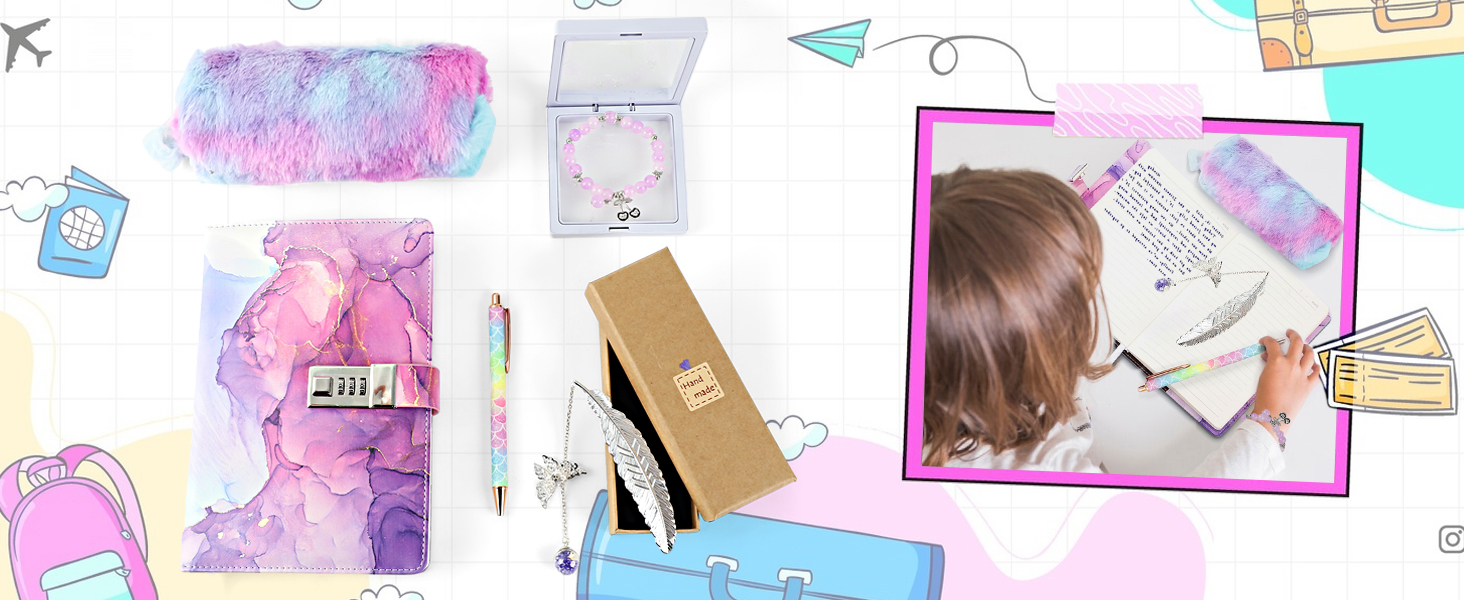 Set de Diario Secreto Niña con Candado, Kit Papelería de Princesa incluye Diario con Candado Bolígrafo de 6 Colore Mini Bloc de Notas Regla Borrador y Sacapuntas Cuaderno Niño Regalo Niña 6-10