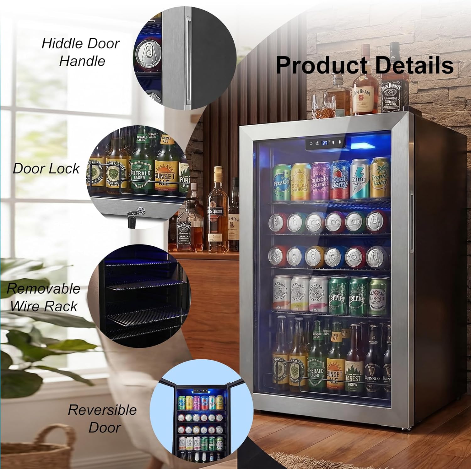 20 Inch Beverage Refrigerator, Mini Fridge with Glass Door for Soda Beer– 130 Can Small Fridge for Home Office Bar, 3.4 Cu.Ft Drink Cooler with Reversible Door, Digital Temperature Control