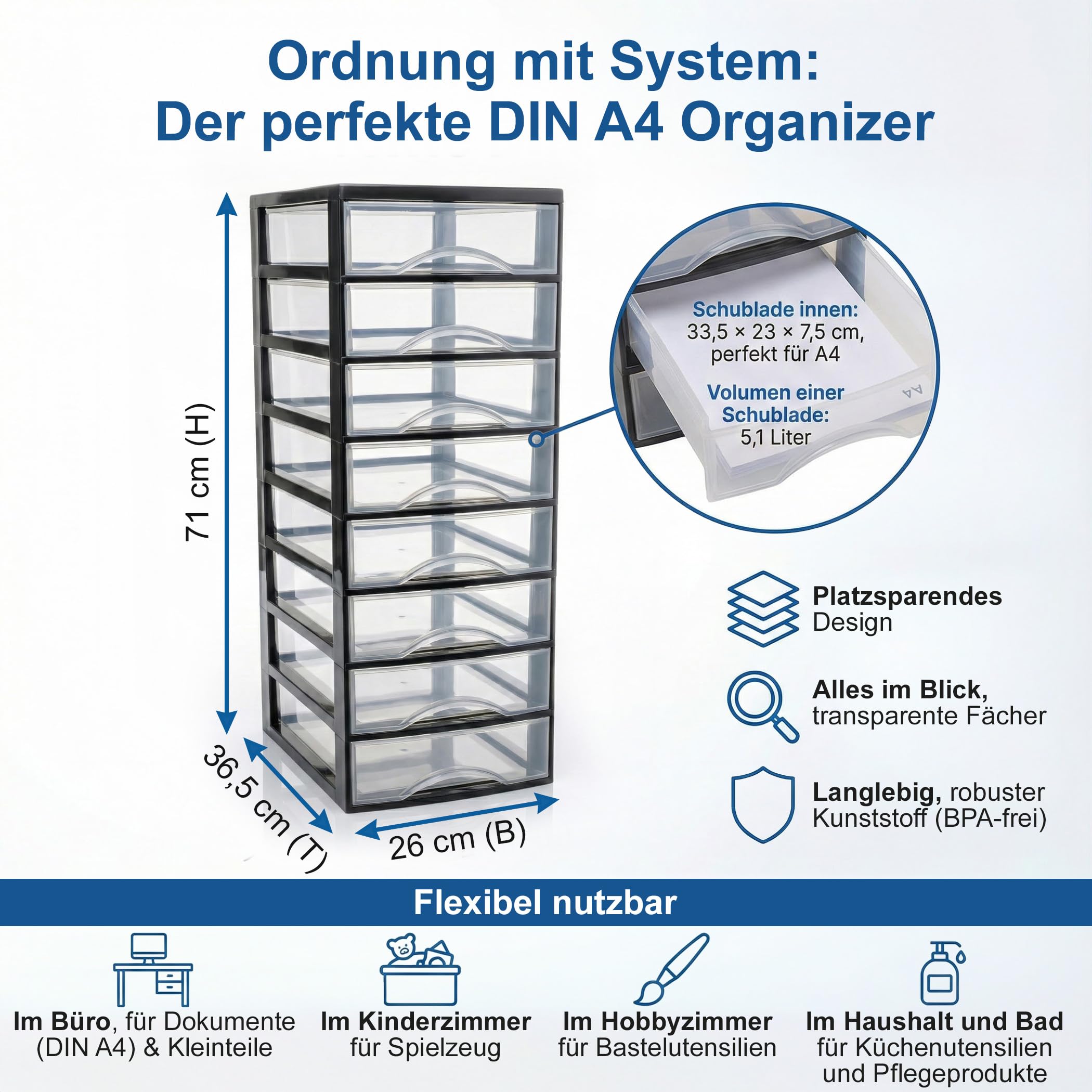 Hausfelder Schubladenbox A4, 8 Schubladen, inkl. Aufkleber | Schubladenturm Box aus Kunststoff für Schreibtisch, Büro, Kleiderschrank, Organizer Schwarz Transparent