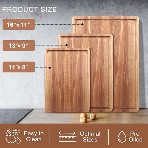 Miniatura 5 de Juego de tablas de cortar de madera maciza de 3 piezas de madera de acacia, juego de tabla de charcutería, tabla de cortar de carne de madera dura,