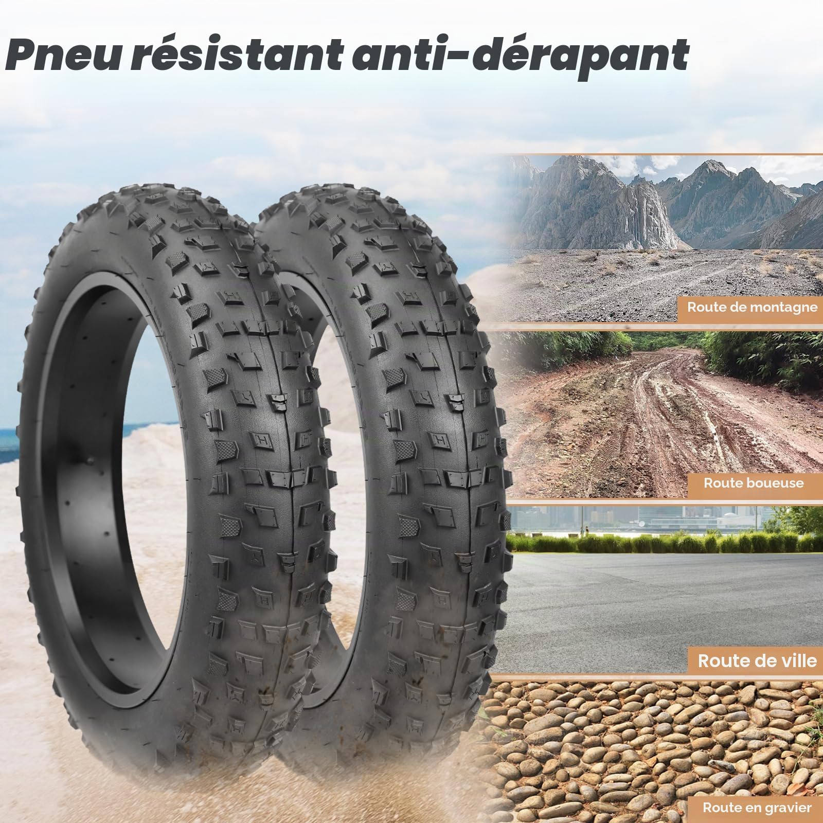 Pneu de Vélo 20x4.0 (98-406) - Pneu Large pour VTC, Vélo Électrique, Fat Bike - Pression 20 PSI - Anticrevaison