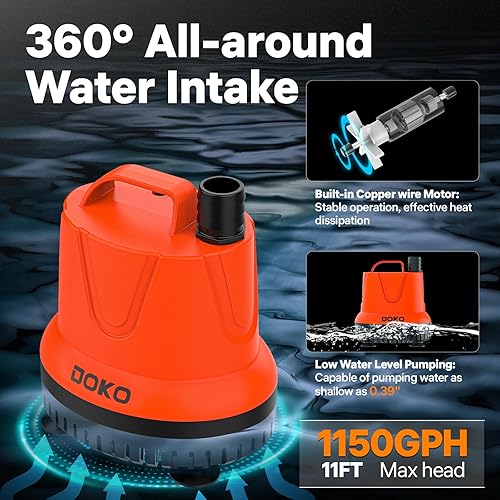 Miniatura 2 de DOKO Bomba de agua sumergible, bomba de agua para tanque de peces de 1150 GPH con cable de alimentación y mango de 6 pies, bomba de estanque ultra
