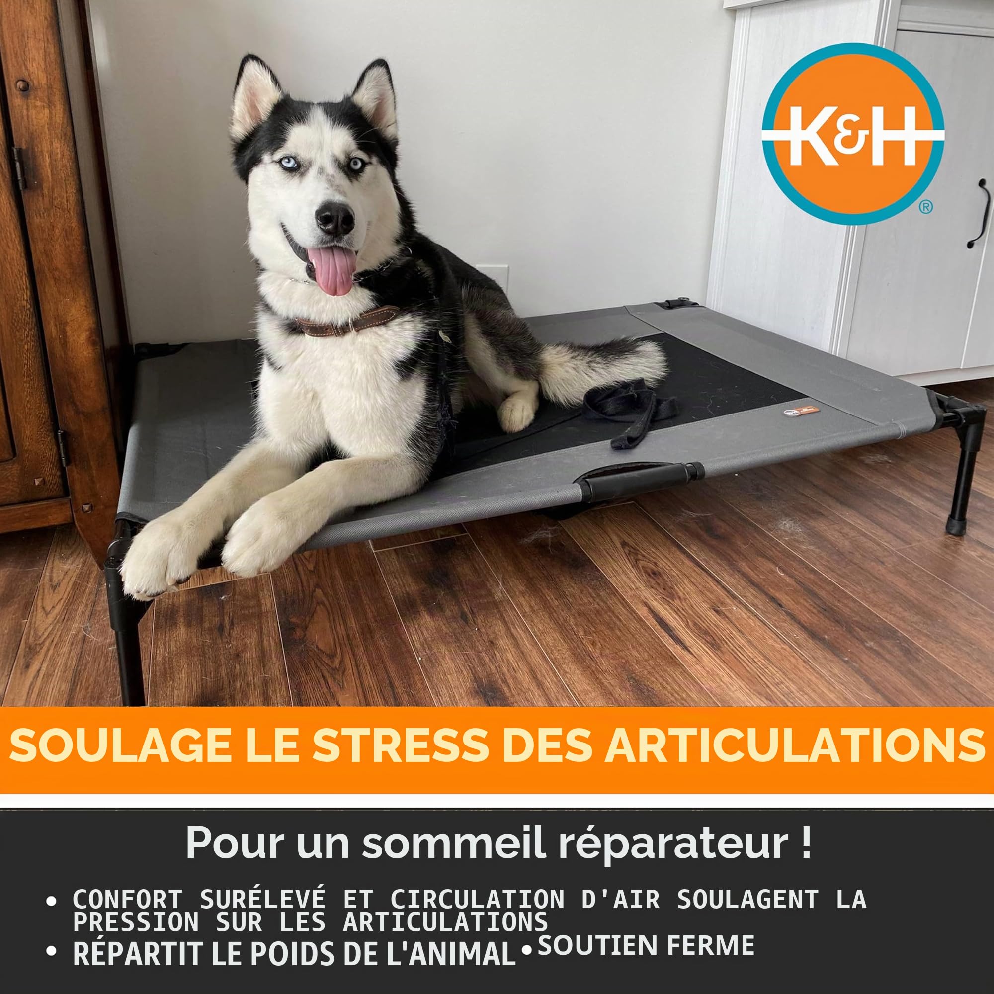 K&H Pet Products Lit surélevé, rafraîchissant pour Chiens, avec Maille Respirante Lavable, Pieds en Caoutchouc antidérapant, lit Portable pour intérieur et extérieur, Maille Gris/Noir, Taille XL