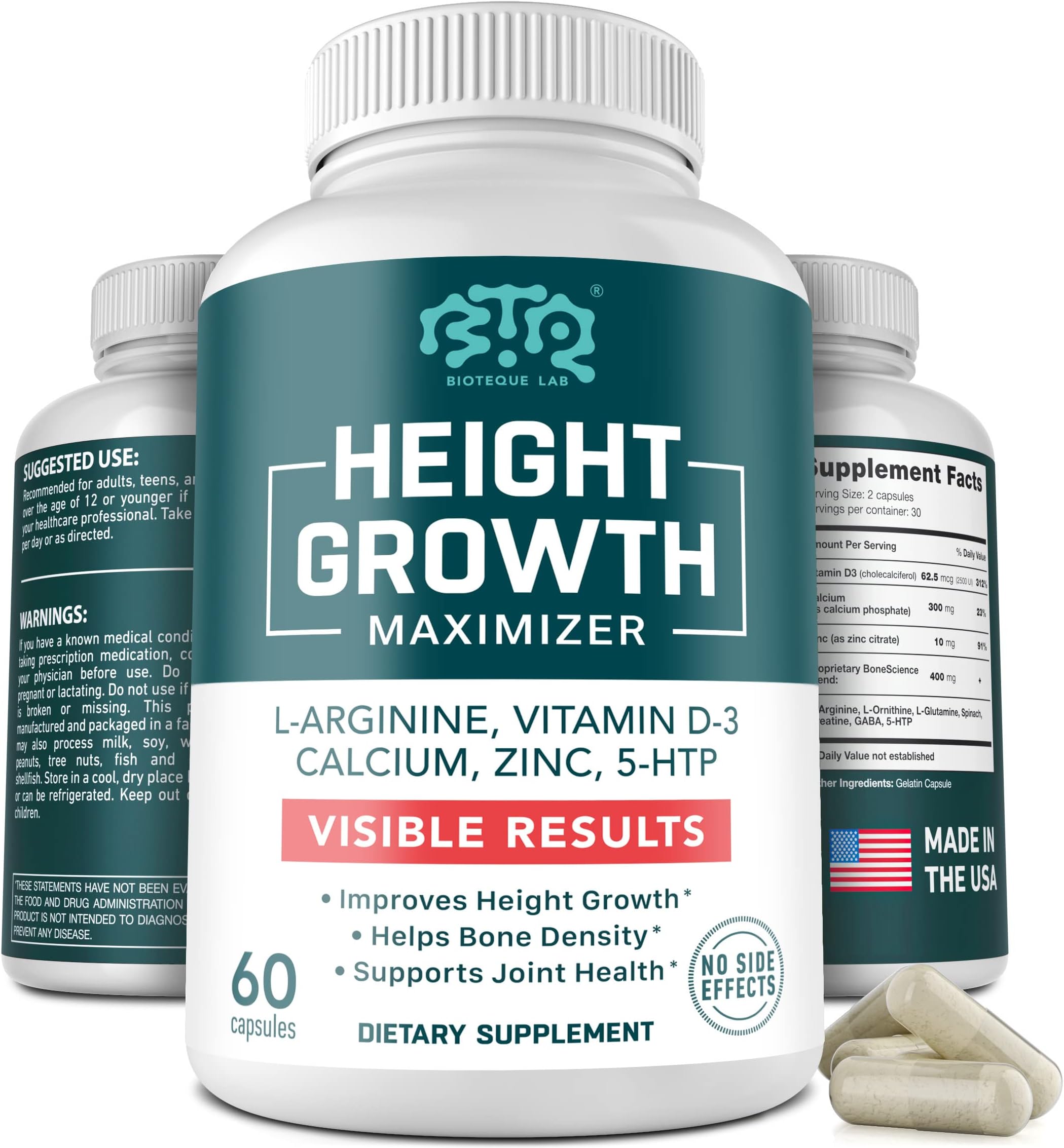 PEAKRISE Height Growth Vitamin Pills - L-Arginine Calcium Zinc Supplement Without Growth Hormone for Everybody - 60 Capsules