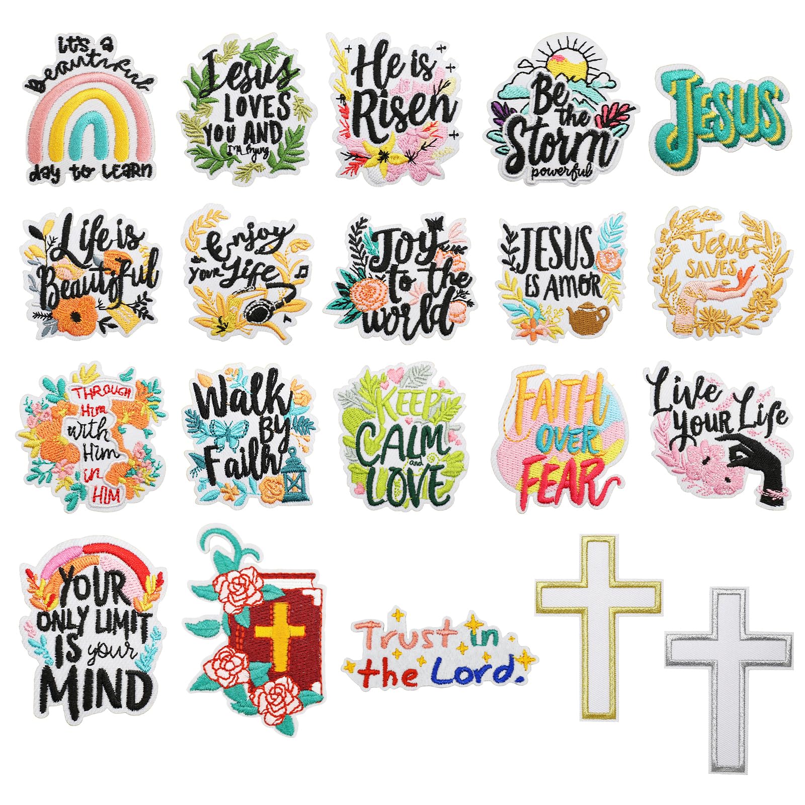 URROMA 20PCS Christian Embroidered Iron on Patches,Mixed Holy Bible Applique Sew on Patches Religious Sayings Jackets Hats Backpacks DIY Accessory