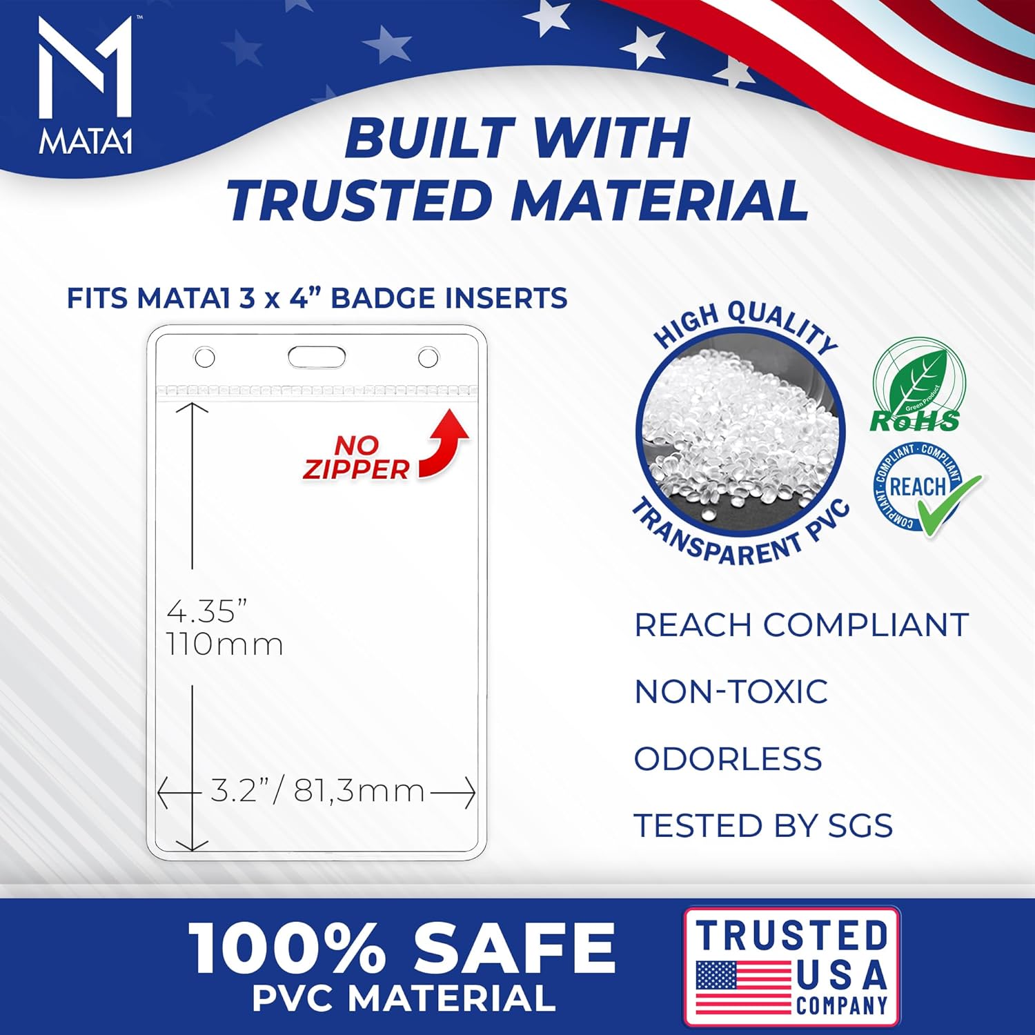 Mata1-USA Plastic Extra-Thick Vertical ID Card Holder (Clear, 3x4 Inch, 250 Pack), Large Size No Zipper Name Badge