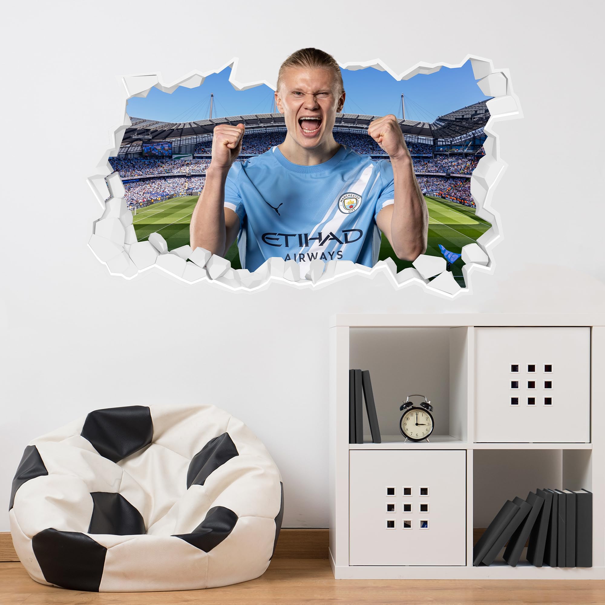 Official Manchester City Wall Sticker - Erling Haaland 25/26 Broken Wall Decal (120cm Width x 65cm Height)