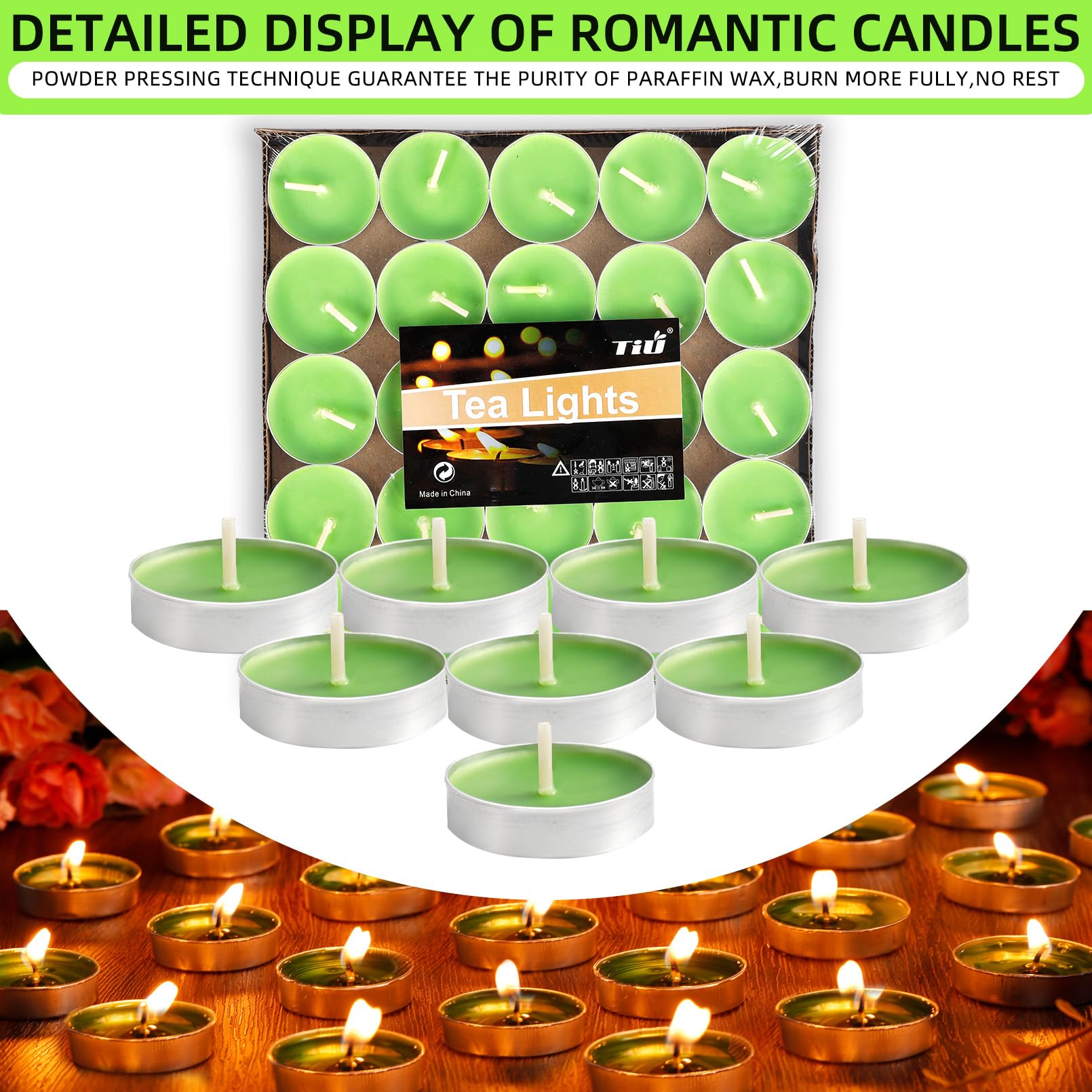 Dyrfolm 100 Pack Tea Lights - Smokeless, Unscented, Dripless & Long Lasting Mini Tealight Candles for Home, Weddings, Party Decoration (Green)