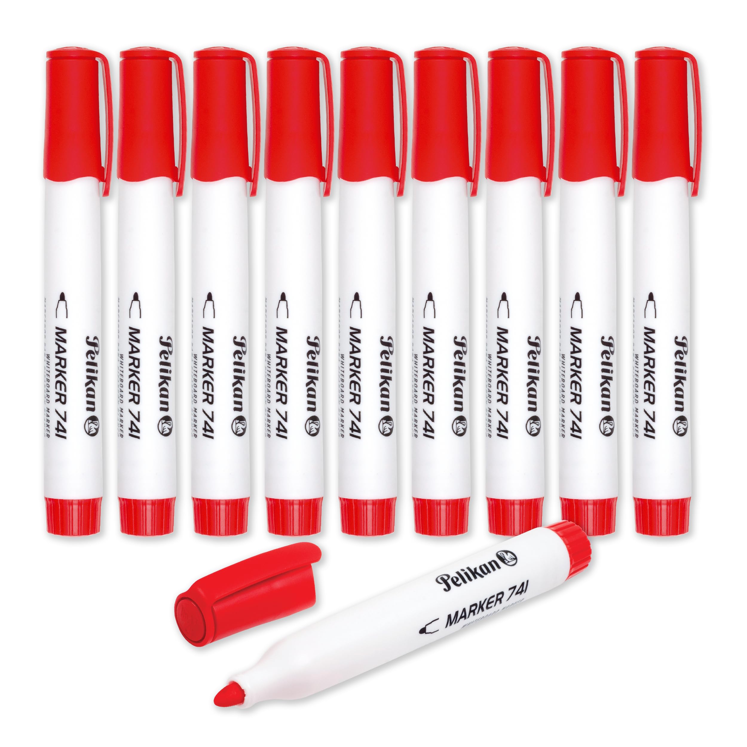 Pelikan Whiteboard Marker Pens 741, Red, 2 mm Bullet Tip, Refillable Dry Erase Markers with Cap-Off Ink, Pack of 10
