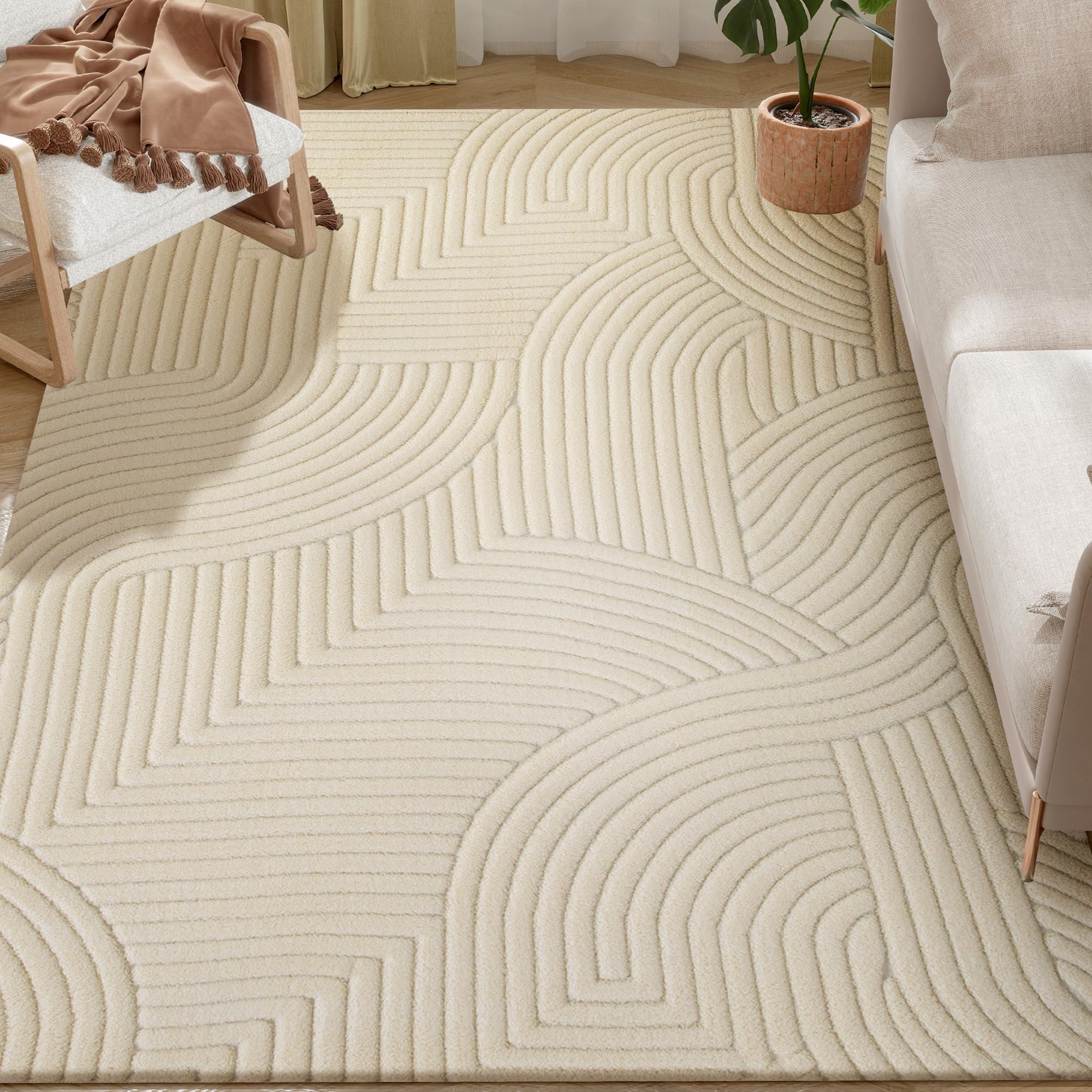 Homcom Cream Modern Geometric Rug, Thick & Plush, Non-Slip, - 160 X 120 Cm