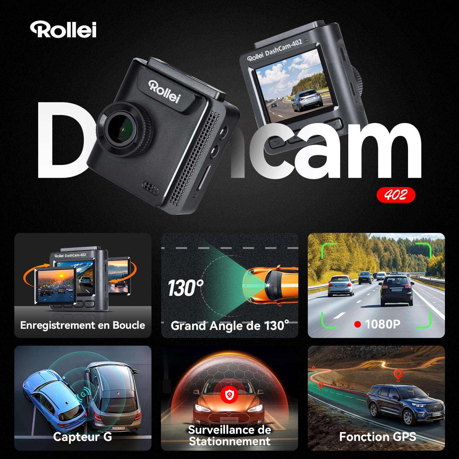 Dashcam Voiture, Rollei Dash Cam Voiture Avant 402 avec G-Capteur Enregistrement en Boucle Caméra Embarquée Voiture avec Mode Stationnement HD 1080P Résolution Grand angle 130° Dashcam-Dash-Cam-Caméra