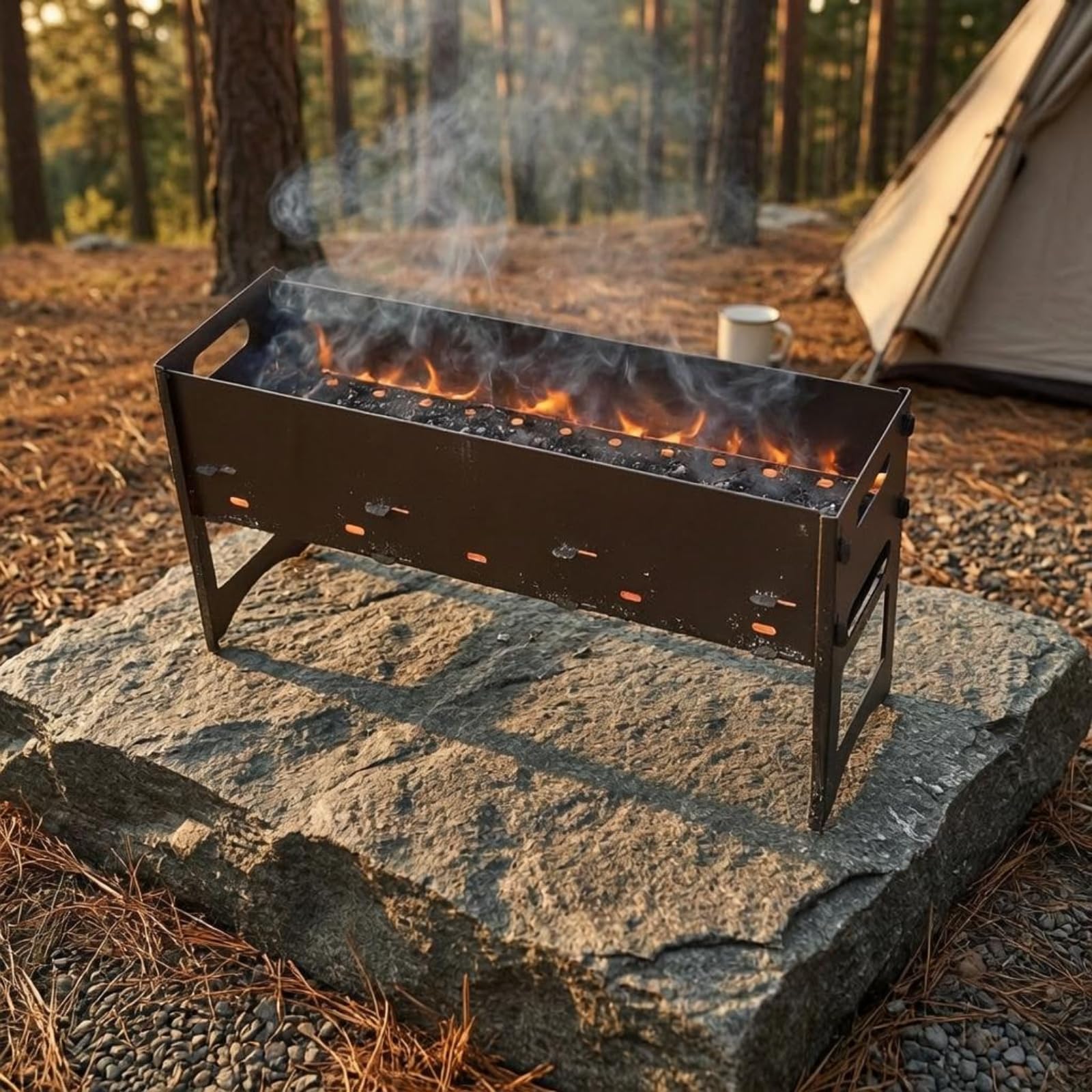 kowaku Grill Portatile da Esterno Barbecue Griglia Braciere Rettangolare Pieghevole con Pannelli Corpo in Metallo Maniglie Laterali per Trasporto Leggero, Grande 60cm