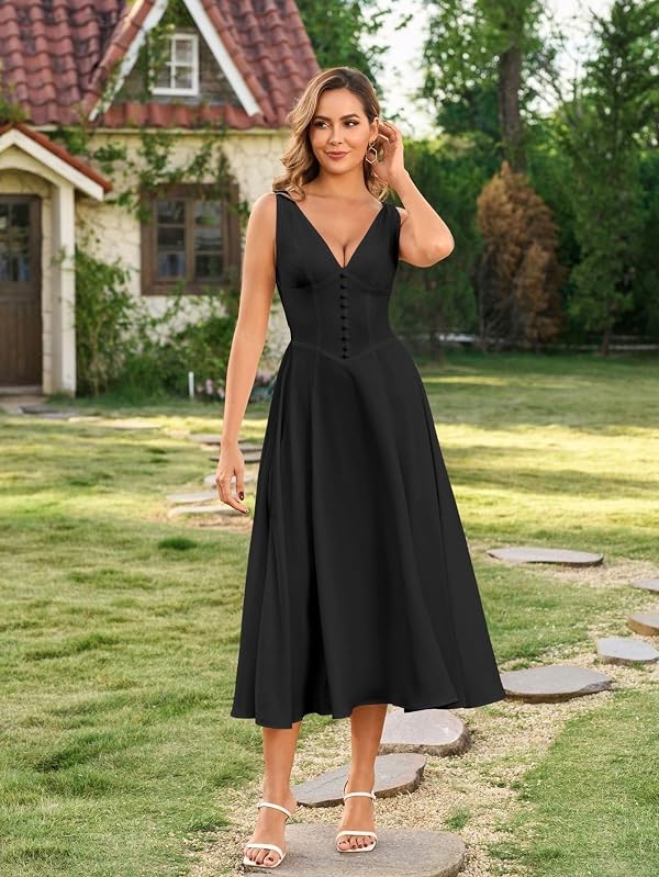 Parthea Women's Corset Midi Dress Deep V Neck A Line Flowy Casual Sundress Wedding Guest Dresses Black by Parthea - Used condition - Image 3