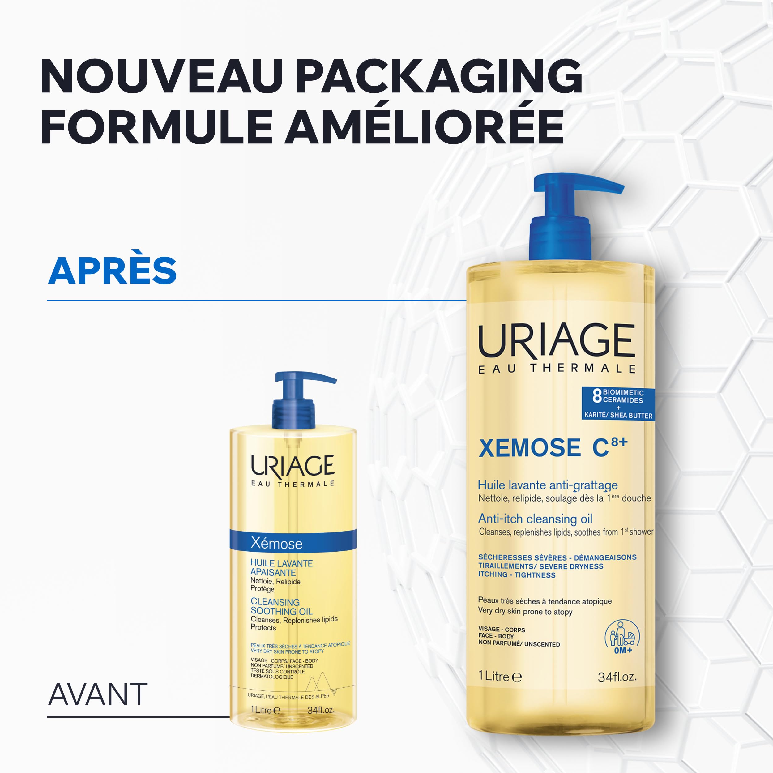 Uriage Xemose Huile Lavante peau sèche à tendance atopique I Nettoie et apaise les démangeaisons. Gel-en-Huile moussant, nourrissant I Visage & Corps I Non parfumée, Sans savon I pH physiologique
