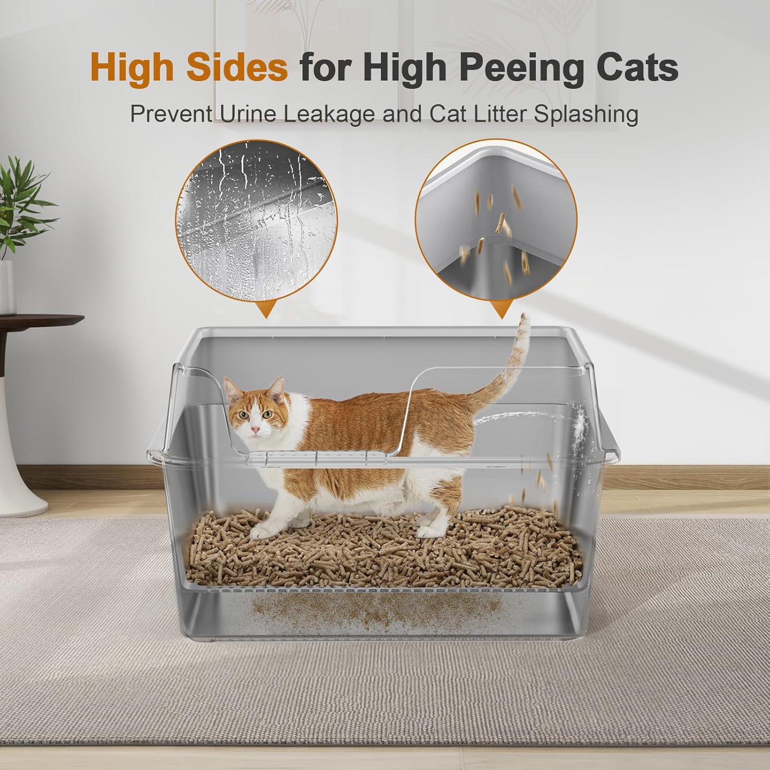 A cat using the high-sided litter box, with illustrations showing how the high sides prevent urine and litter from splashing out.