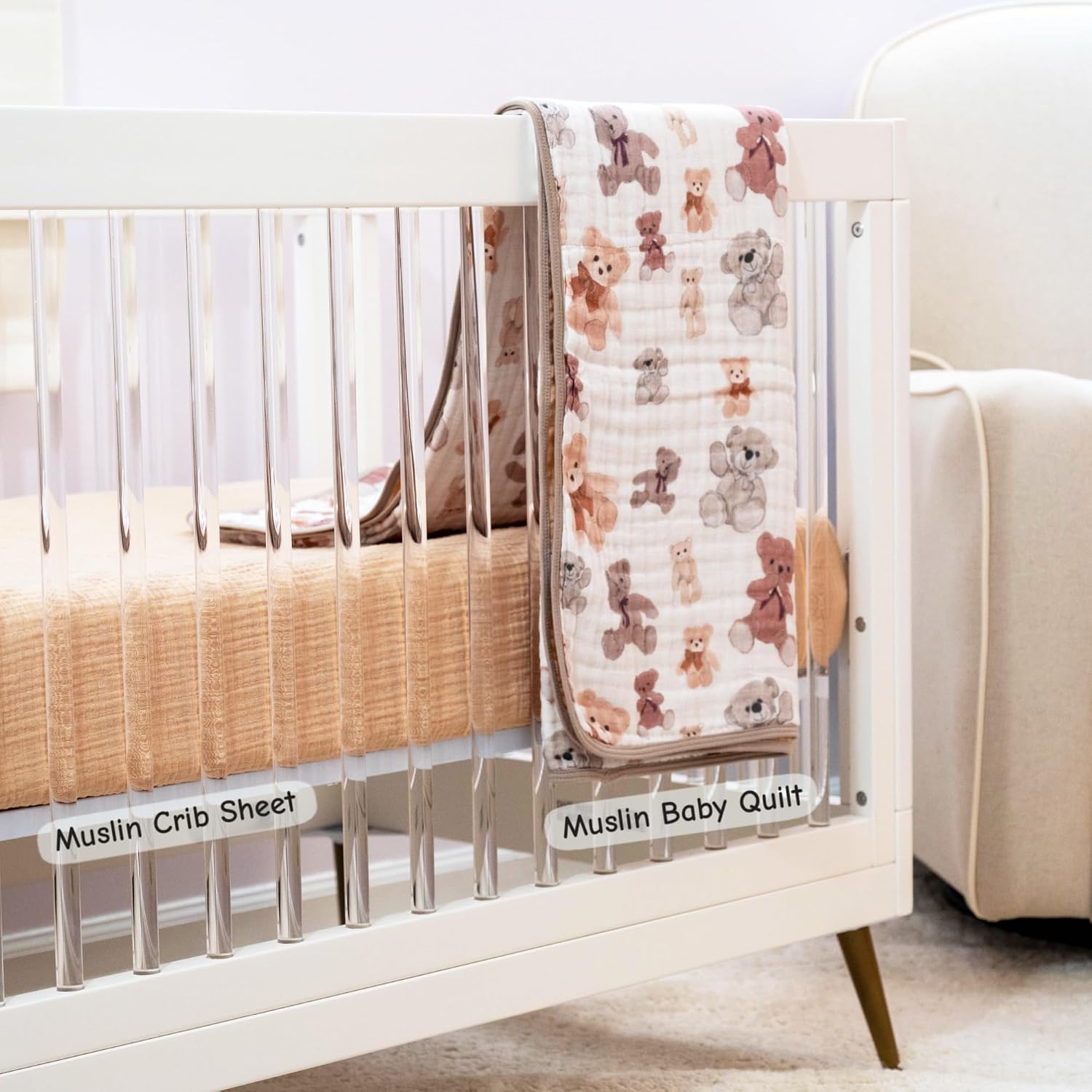 LollyBanks Muslin Crib Sheets 2 Pack, 100% Cotton Neutral Baby Crib Sheets for Standard 52"x28" Mattress, Soft and Breathable Bed Sheets for Baby, Infant Necessities (Teddy Bear and Solid Tan)