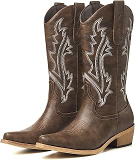 Cowboy Boots for Women, Embroidered Chunky Heel