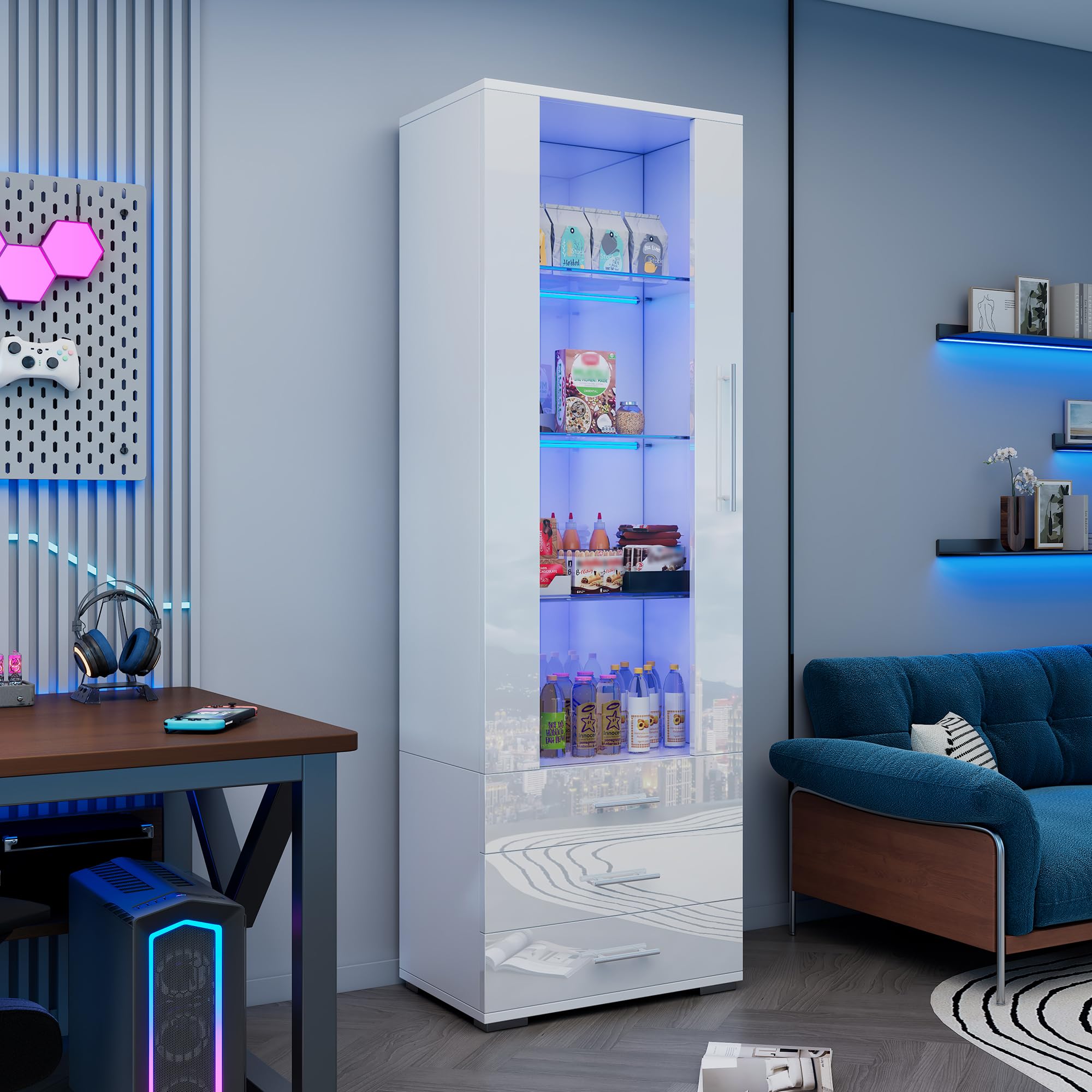 Lexiou Vetrina in vetro lucido, vetrina con illuminazione a LED, vetrina verticale con 3 cassetti, 60 x 35 x 180 cm (bianco)