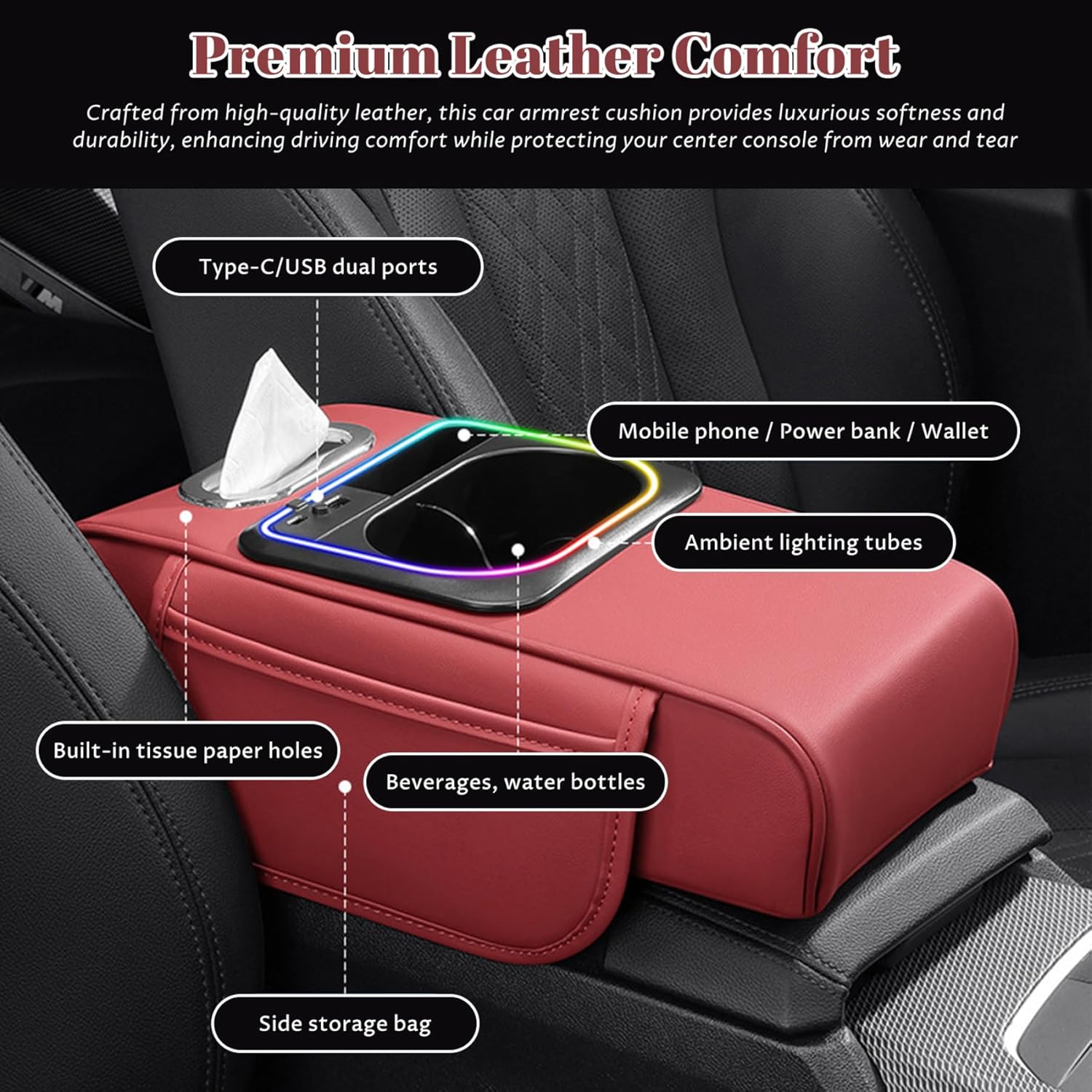 Car Armrest Cushion, Leather Center Console Cover with Storage Bags, Phone Slot, Charging Port, Tissue Holder and Cup Holder for SUV, Motorhome, Truck, Black Arm Rest Cover for Car Armrest