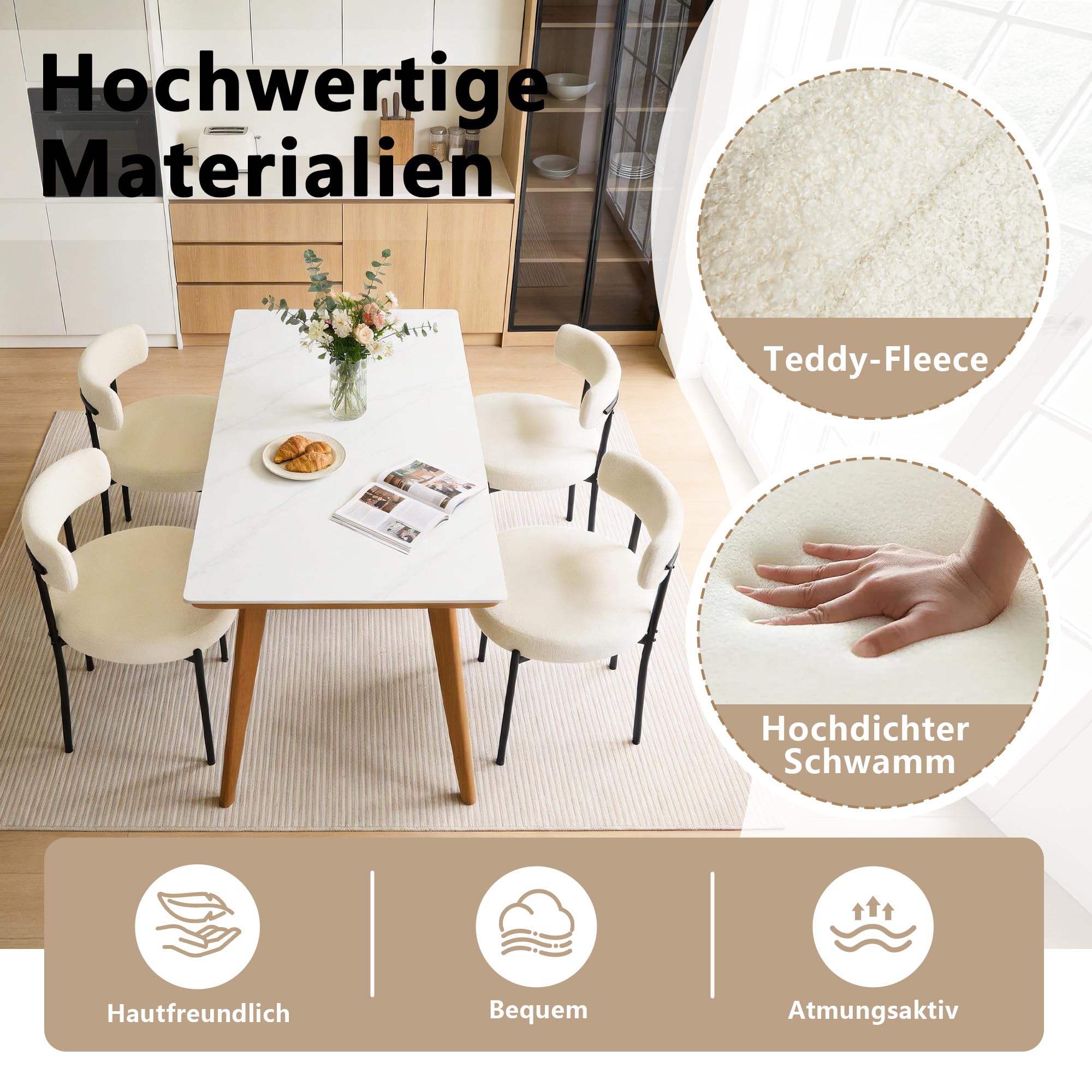 Mid-Century Modern Teddy Fleece Esszimmerstühle 4er Set mit gebogener Rückenlehne, Metallbeinen, Schminktisch-Stuhl, Gepolsterte Küchenstühle für Esszimmer, Restaurant, Weiß