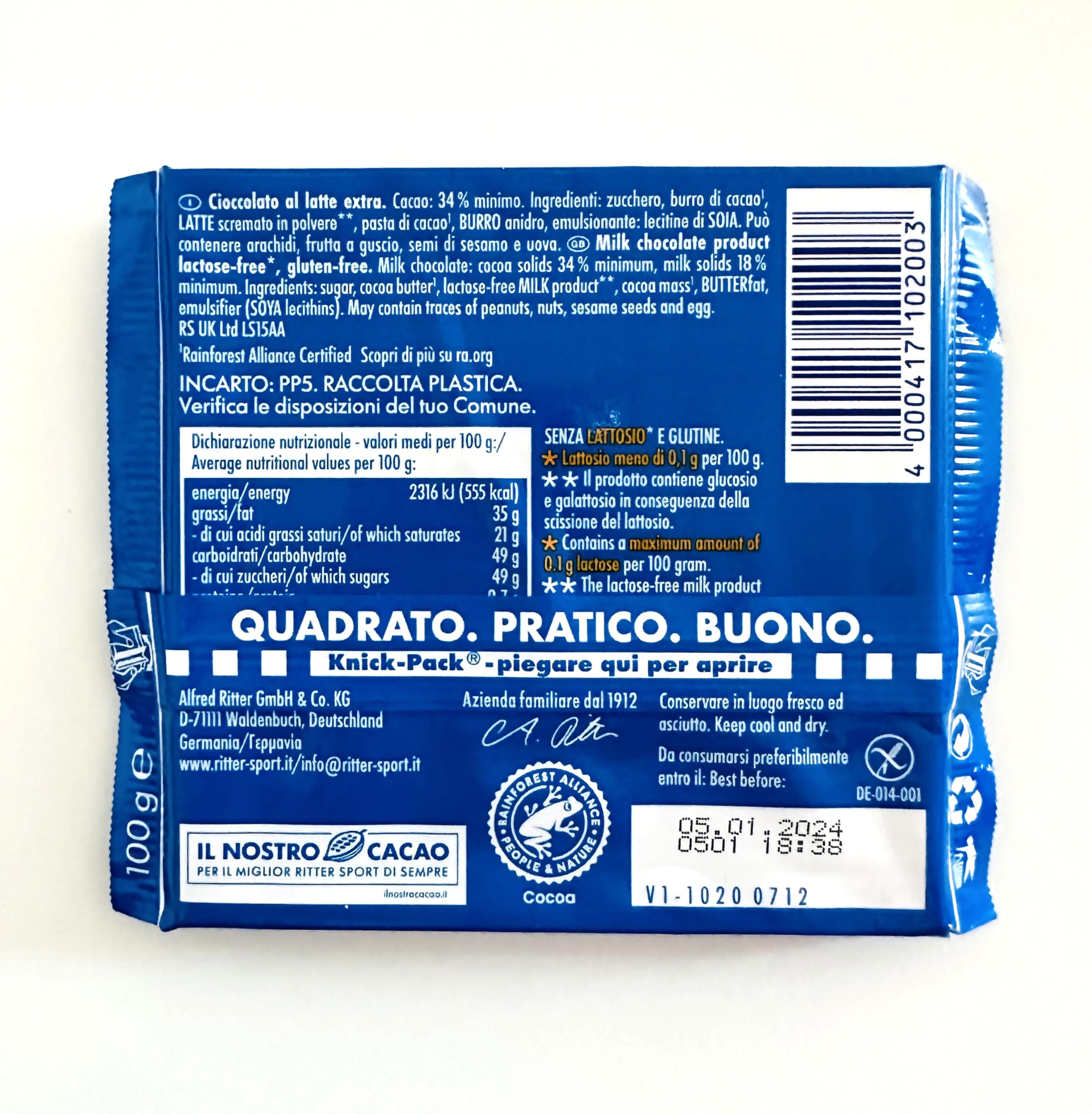 RITTER SPORT Latte Senza Lattosio, Tavoletta di Cioccolato al Latte Senza Lattosio, Cacao 100% Certificato Sostenibile, Senza Glutine, 12 Pezzi da 100 g